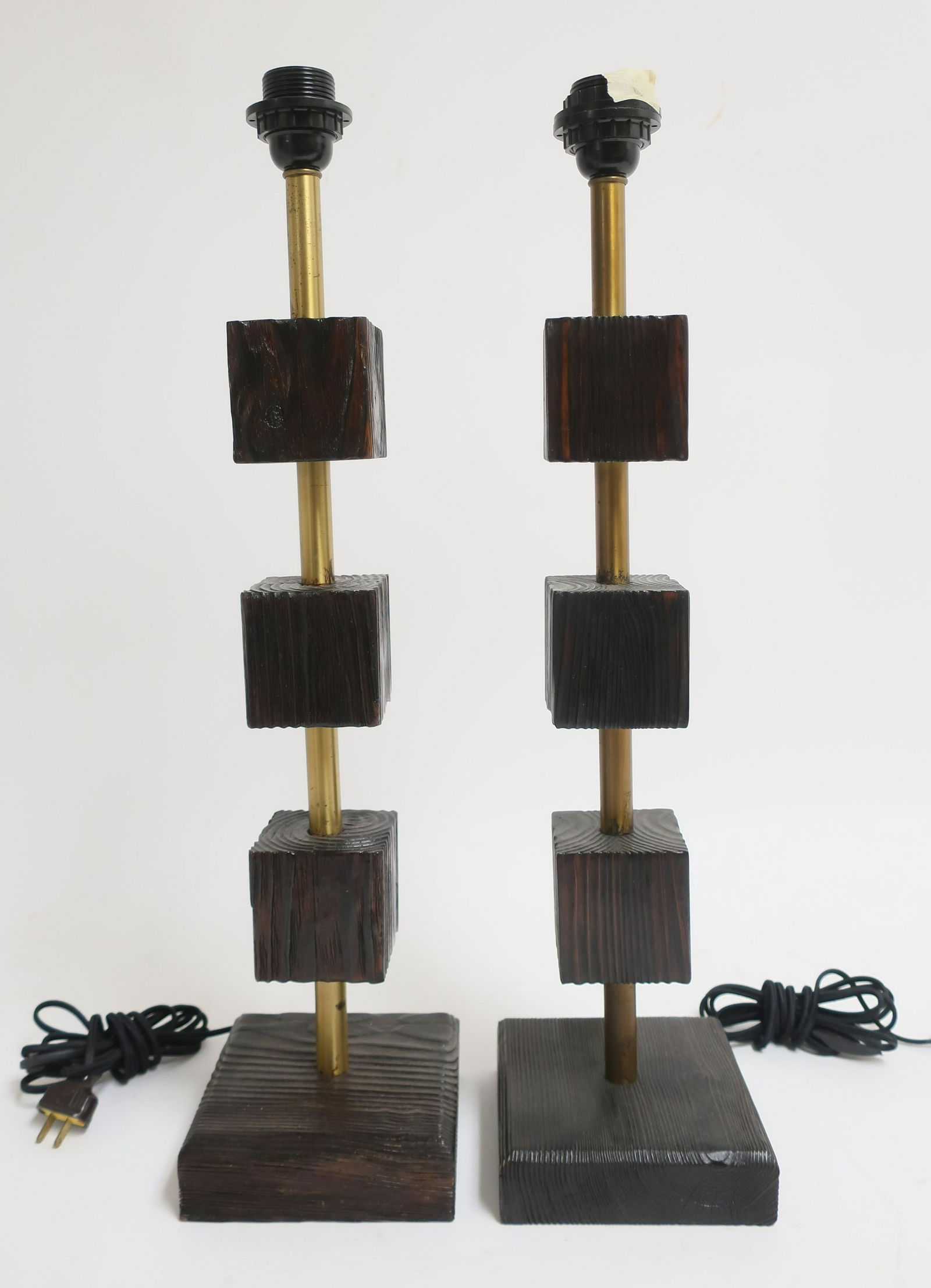 Near Pair Modernist Stained Pine & Brass Lamps (1 of 5)