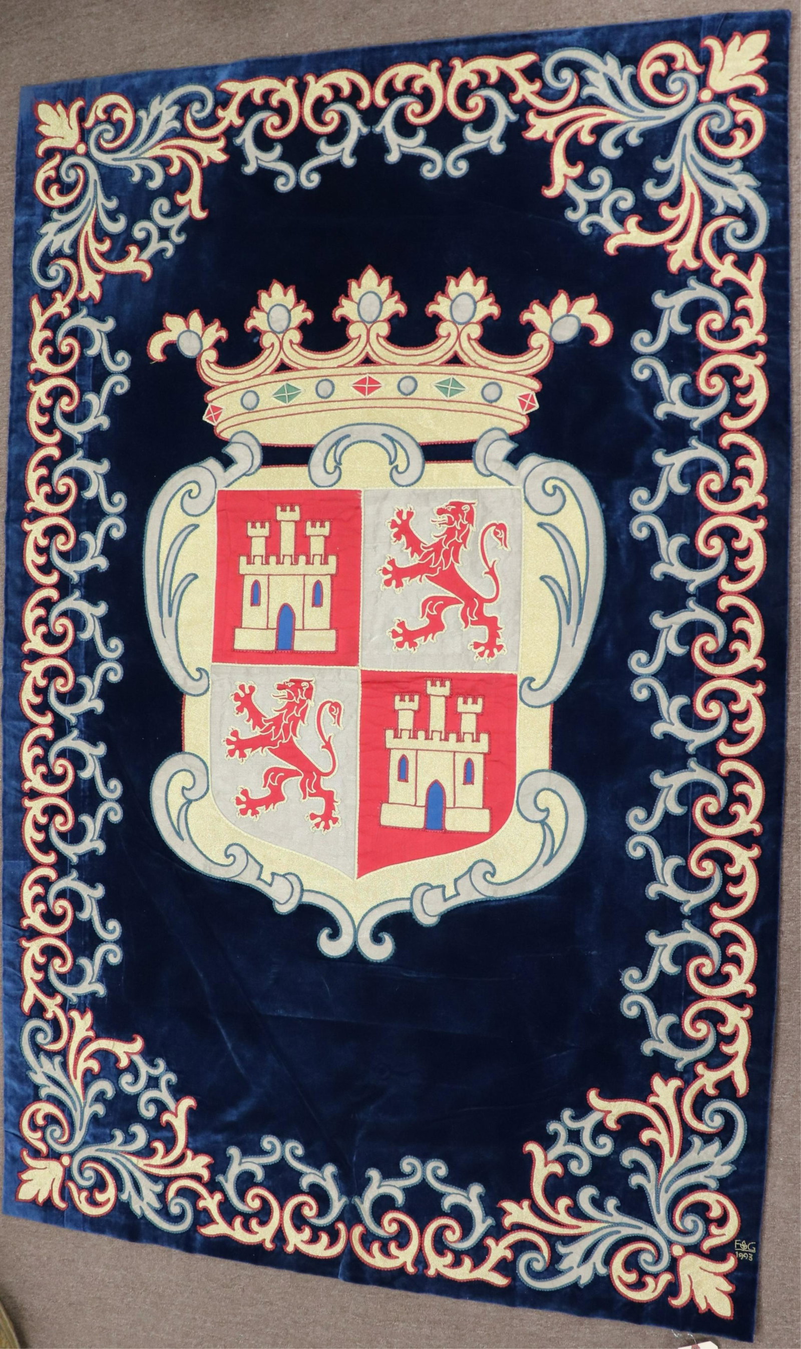 Spanish Blue Silk Velvet Armorial Tapestry: Spanish Blue Silk Velvet Armorial, shows rampant lions and castles, silver & gold metallic thread, signed F&G 1993 for Fundacion Generalisimo Franco (WECH2868)(WT) Dimensions: 4'2" x 6'4"