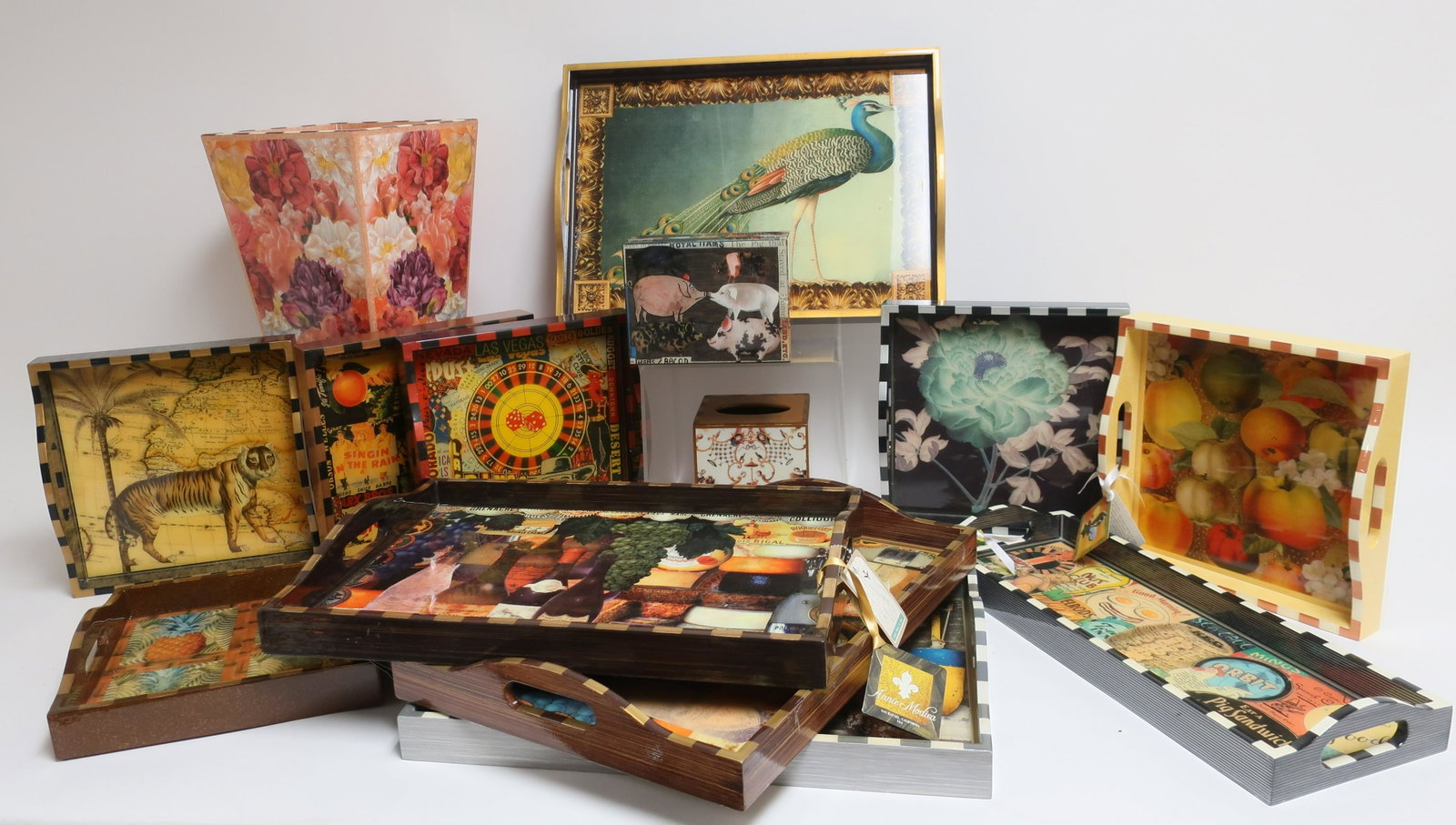 14 Anni Modica Decoupage Trays, etc.: 14 Anni Modica Decoupage Items, includes 1 tissue box cover, 10 handled trays, 1 waste can, 1 hinged box and a tray, themes include floral, wine bottles, farm animals, lions, peacock, Las Vegas and Ho