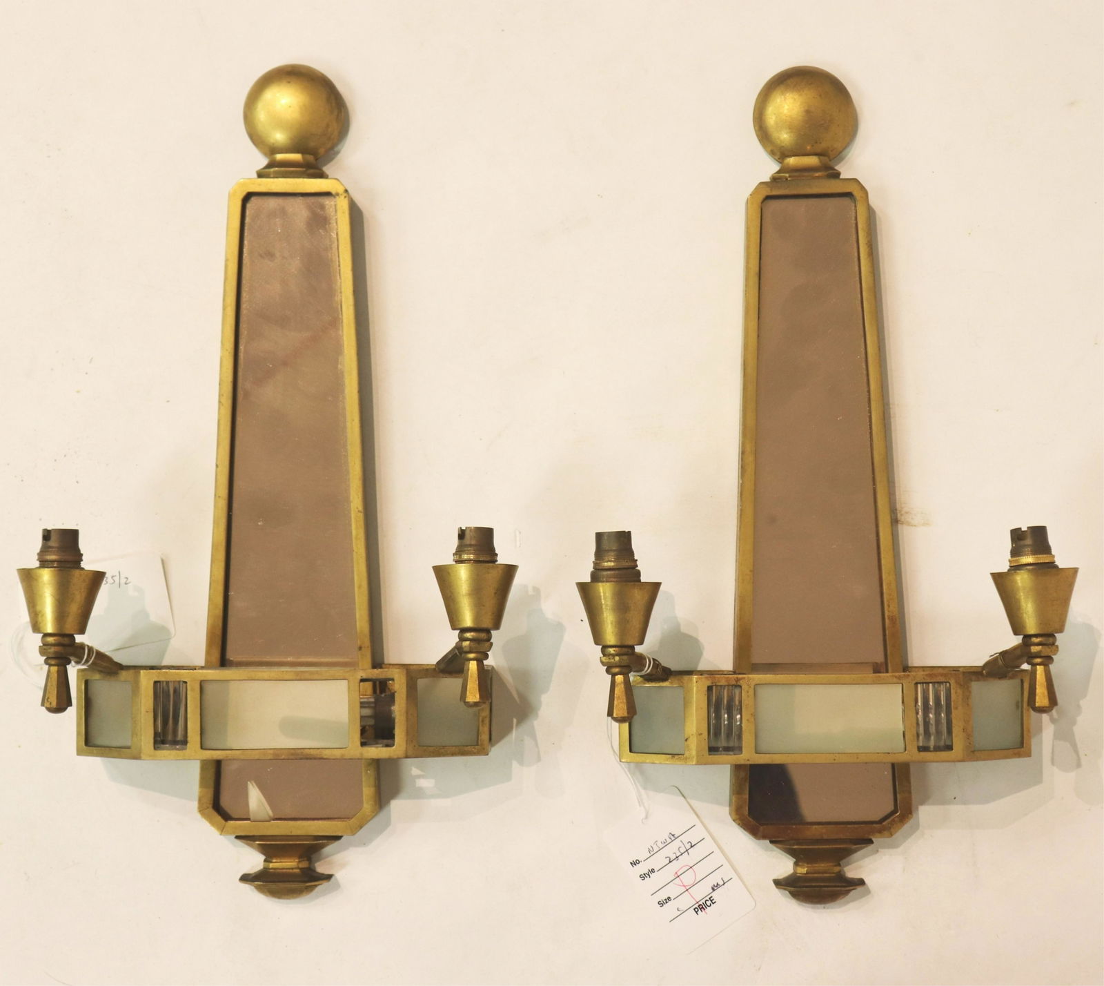 Pair French 1940s Brass & Glass 2-Light Girandoles (1 of 4)