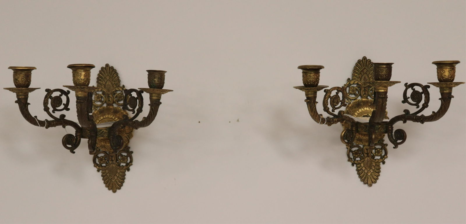Pr of Empire Style Gilt Brass 3-Light Chandeliers (1 of 4)