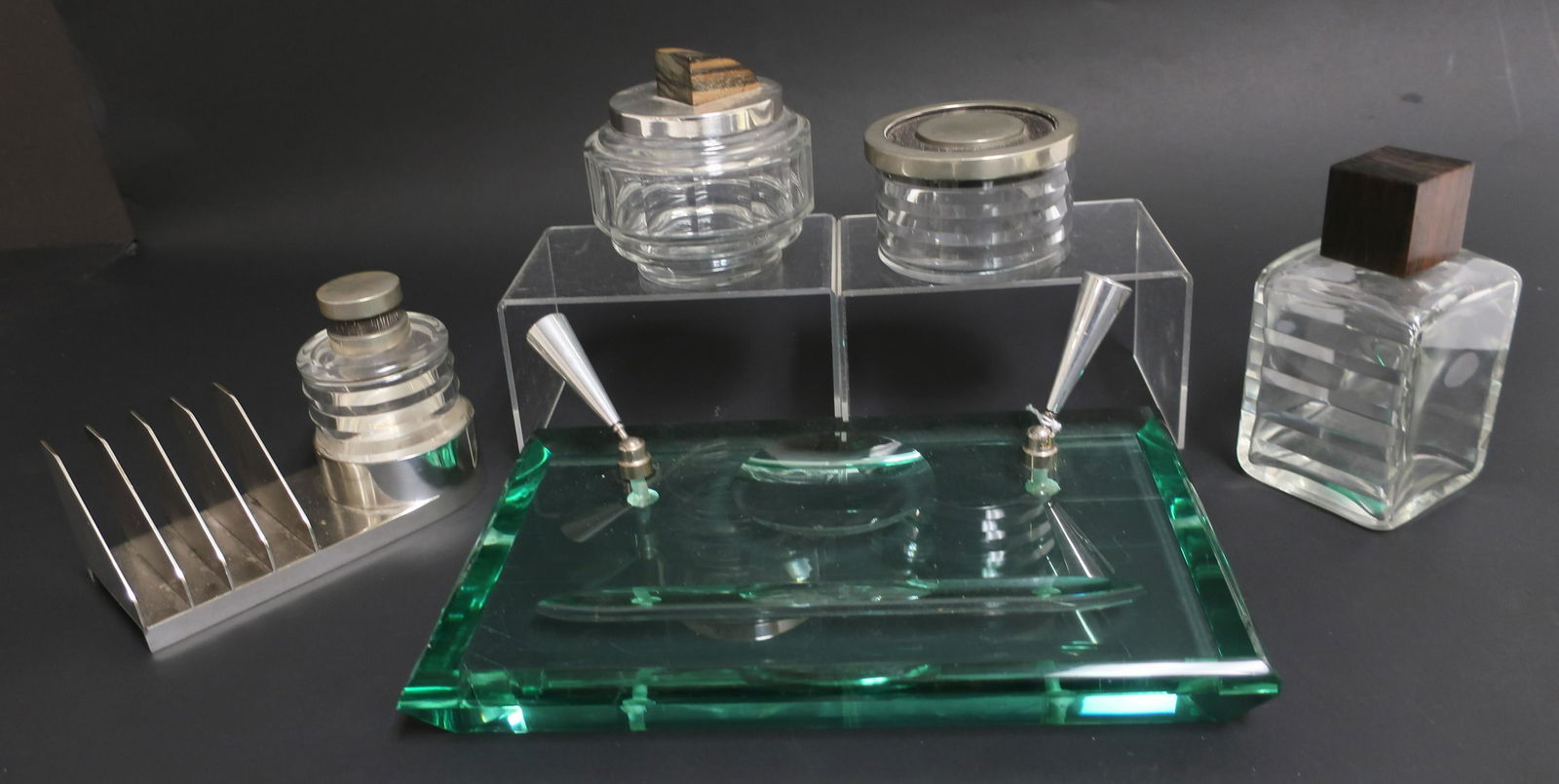 6-Pc. Art Deco glass and silver trays, jars (1 of 5)