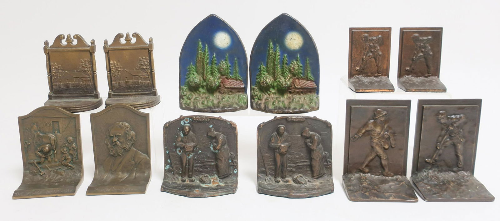 6 Pr. Bookends: Cabin Scene, Planters, Blacksmith (1 of 7)