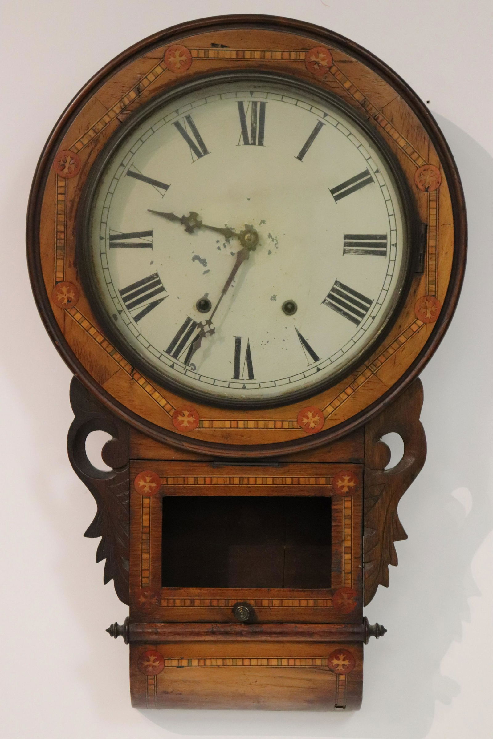 European Inlaid Fruitwood Wall Clock, 19th C (1 of 7)
