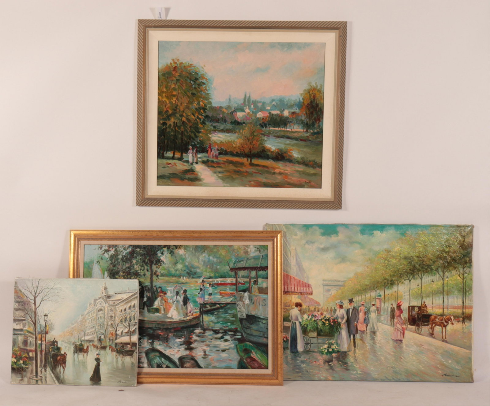 Four European City and Street Life Settings O/C: Period styles, settings, Paris. Various signatures. (2) on stretchers, (2) framed. (BEL2824/4)(JP) Dimensions: smaller 20" x 24 larger 27.5 x 31.5 framed 35.5 x 39.5