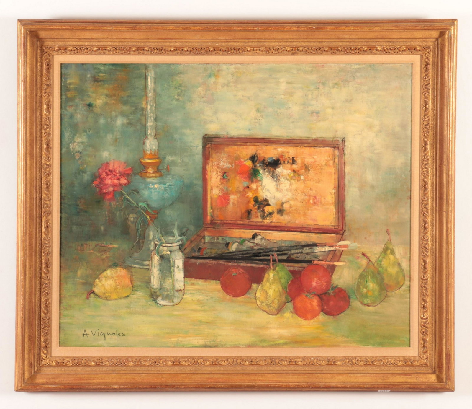 Andre Vignoles - 'La Boite De Peinture' Still Life: Andre Vignoles (1920-2017 French) Still life with fruit, paintbox. Titled "La Boite De Peinture". Signed lower left. Findlay Galleries (NYC) label verso. (DORI21202)(JP) Dimensions: sight 25.25"H x 31