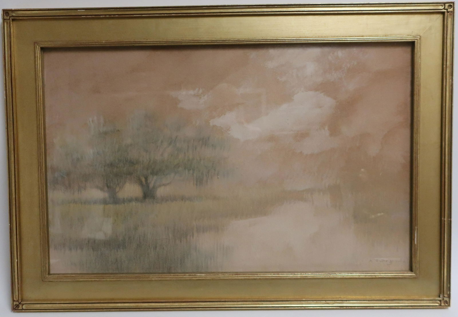 A. J. Drysdale - Landscape W/C or O/Wash: Alexander John Drysdale (1870-1934 Louisiana, U.S.) Two trees in a fog, clouds atmosphere, probably a deep south setting. W/C or oil wash on paperboard. Signed in pencil lower right. Gold leaf over re