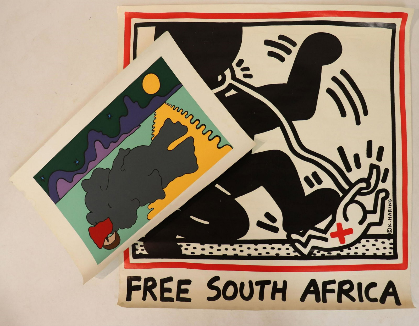 2 Prints, Keith Haring, "Free South Africa": Keith Haring, "Free South Africa" Poster, red, black & white, copyright "K.Haring", together with "Elephant Island" lithograph in colors, signed, titled and #21/100(2 pc.) (ESCR2173/2)(WT) Dimensions: