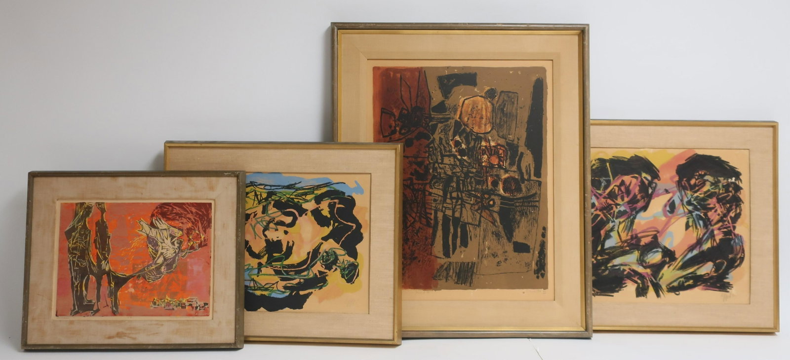 Four Abstract Prints: Appel, Haworth, a Figural: (2) Karel Appel (1921-2006 Dutch) on paper mounted to panel both signed LR; one dated 60, edition numbered 48/200, the second 152/200 (illegible). Mariam Haworth (Canadian), on paper, figural titled "
