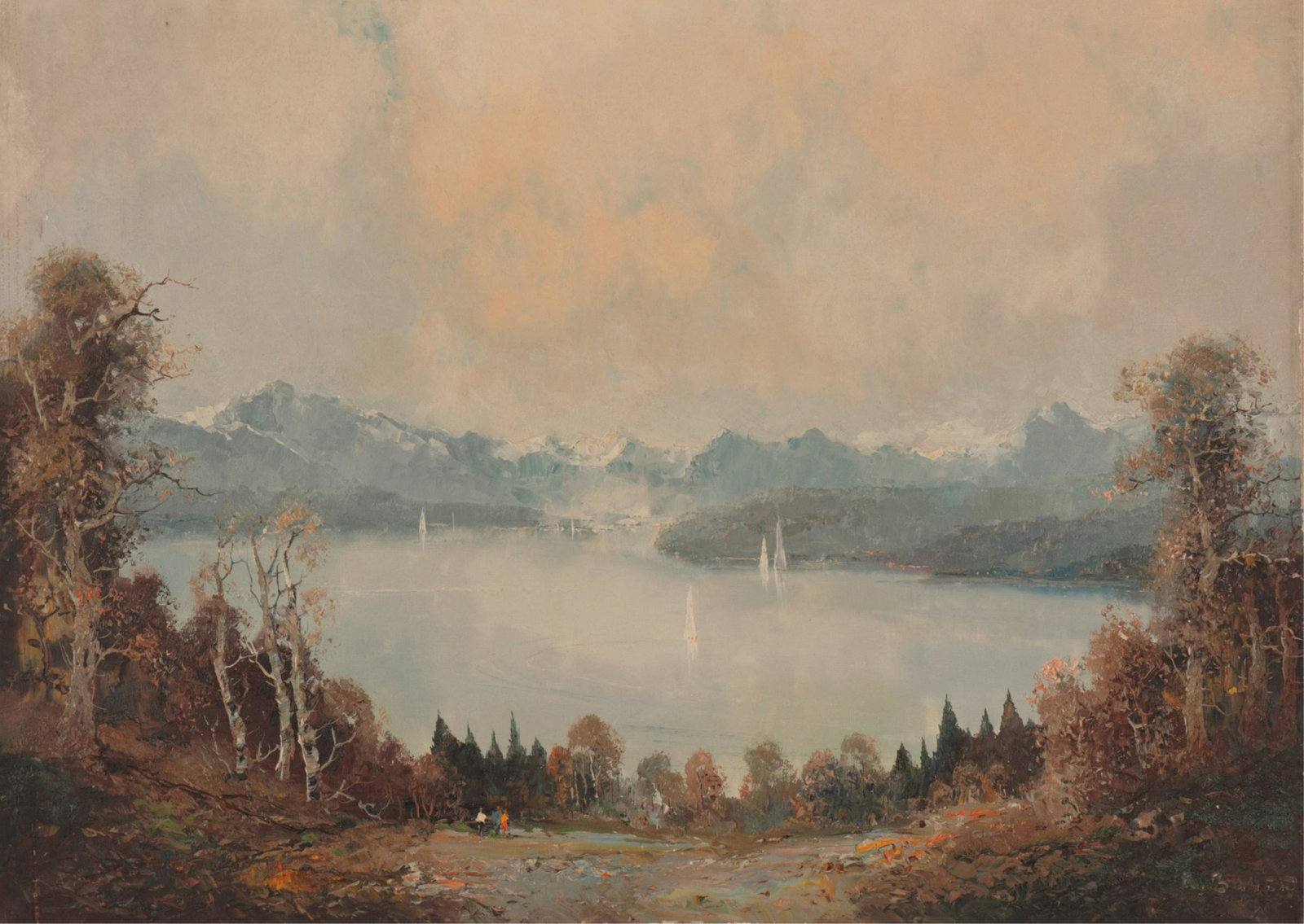 Willi Bauer - Valley Lake: Willi Bauer (German, b. 1923) Oil on canvas from the early collection; pre-1987. Signed lower right. (HEAR1081)(EL) Dimensions: 22 x 31 unframed