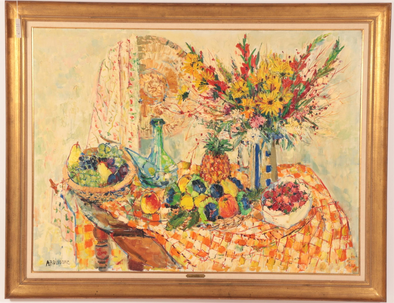 Yolande Ardissone, b. 1927, Still Life, O/C: Yolande Ardissone, b. 1927, Still Life, Multiple Baskets, Fruits, Vase of Flowers on a Draped Table, Oil on Canvas, signed lower left (DORI2713)(WT) Dimensions: 38" H x 51" W, frame 46" x 59 1/2"