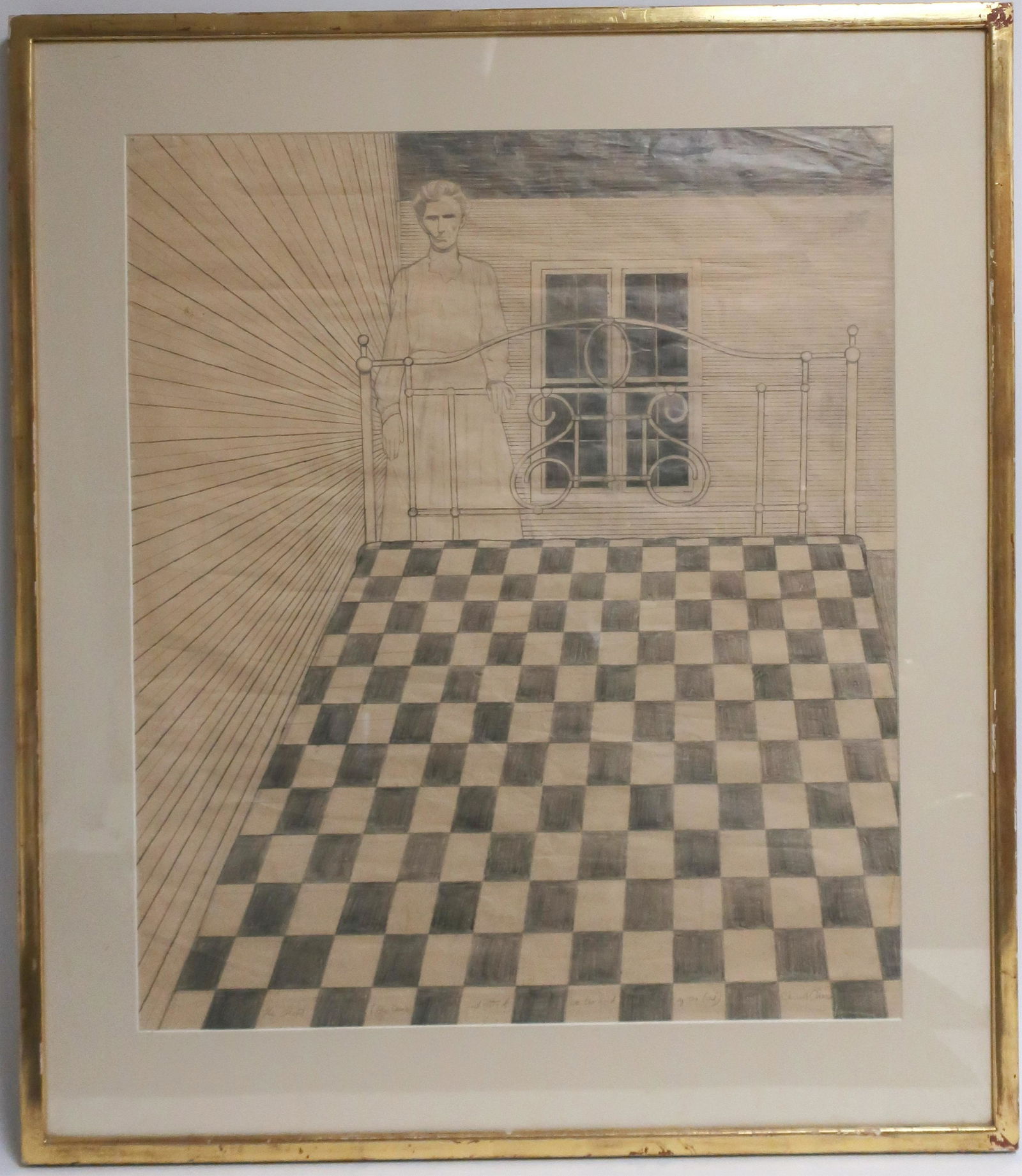 Carroll Cloar (1913-1933) "The Ghost..." Pencil/P: C.C. (Tennessee, U.S.) Titled: "The Ghost (She Came And Stood At The End Of The Bed)". Signed LR, titled across lower margin. Matted, face-leafed gold with red bole frame. (MROG2184)(JP) Dimensions: S