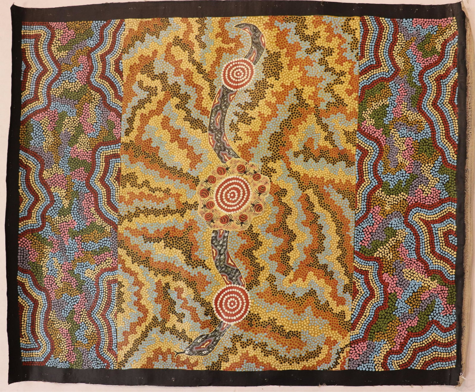 Mary Dixon Nungurrayi, Snake & Honey Ant .. ,O/C: Mary Dixon Nungurrayi, b.1958, Aboriginal, Snake and Honey, Ant Dreaming,O/C (JSTE2370)(MM) Dimensions: 41 x 33, rolled in tube