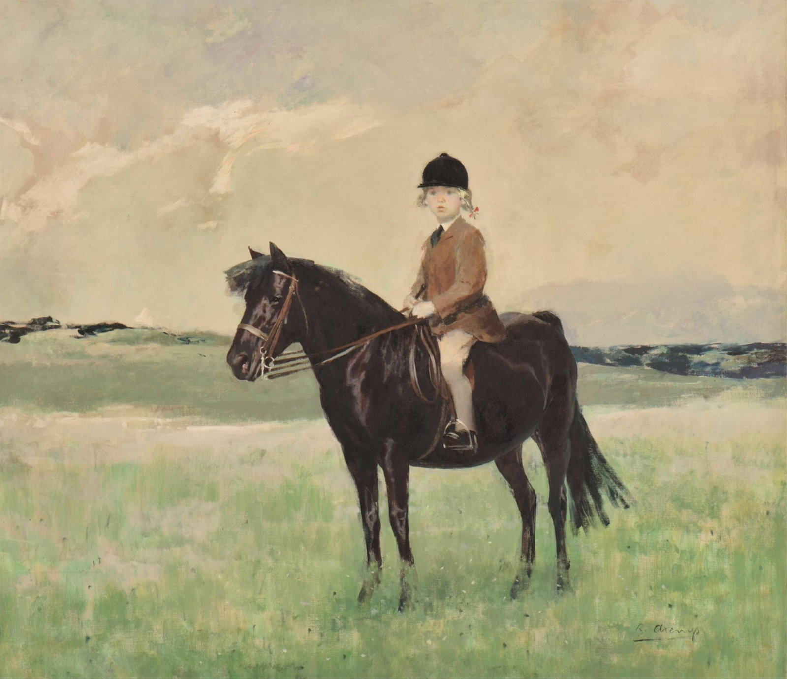 Ricardo Galdon Arenys - 'Young Rider': Ricardo Galdon Arenys (Spanish, 1914 - 1977). Oil on canvas depicting young girl on black horse. Signed R Arenys lower right. (HEAR1079)(EL) Dimensions: 27 x 31" unframed