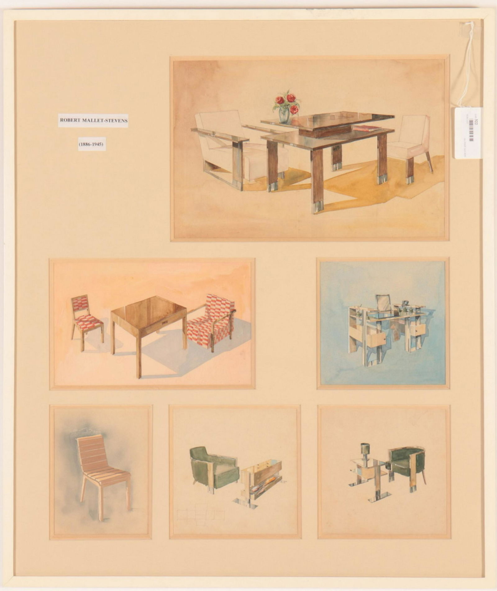 Robert Mallet-Stevens, Watercolor Interior Sketces: Robert Mallet-Stevens, 6 Watercolor Interior Sketches of His Designs, unsigned (NJWA322)(MS) Dimensions: Frame 32 1/2" H x 27 1/2" W Property from the Estate of an Important New York Modernism Dealer.