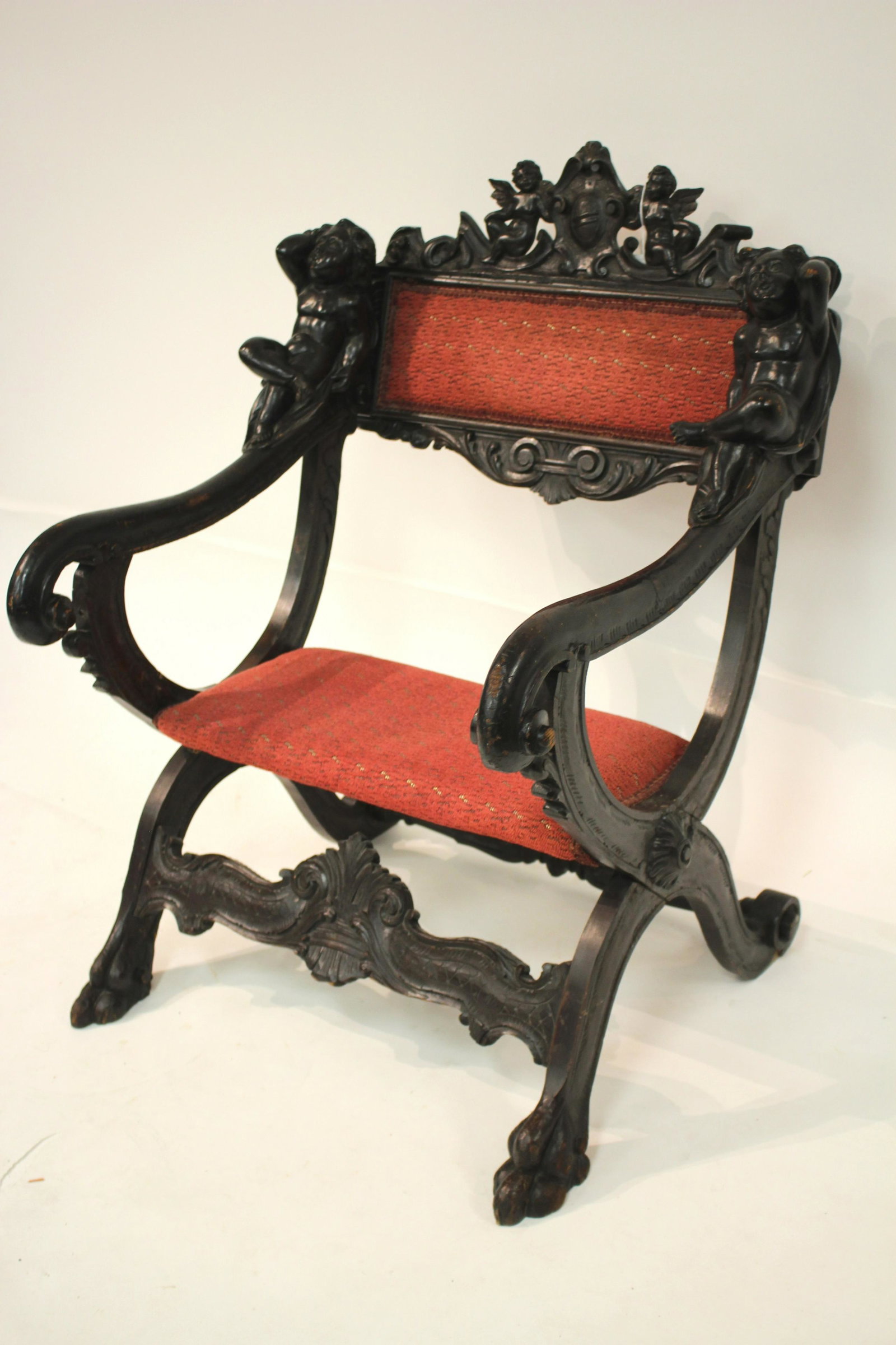 Italian Baroque Stlye Curule Form Armchair, 19th C: Stained pine (MROG924)(MS) Dimensions: 37.5 H x 29.5 W x 29 D