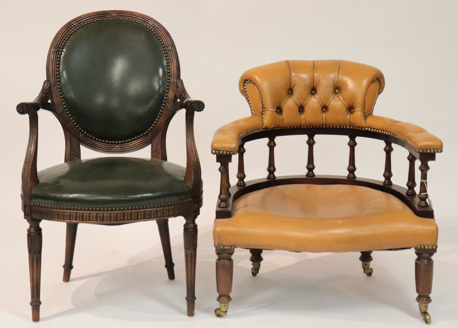 Victorian Slipper Chair & Georgian Style Armchair: Victorian Rosewood Slipper Chair & Georgian Style Armchair upholstered in mustard and green leather (SARO592/2)(MS) Dimensions: Property from a private Amenia, NY home