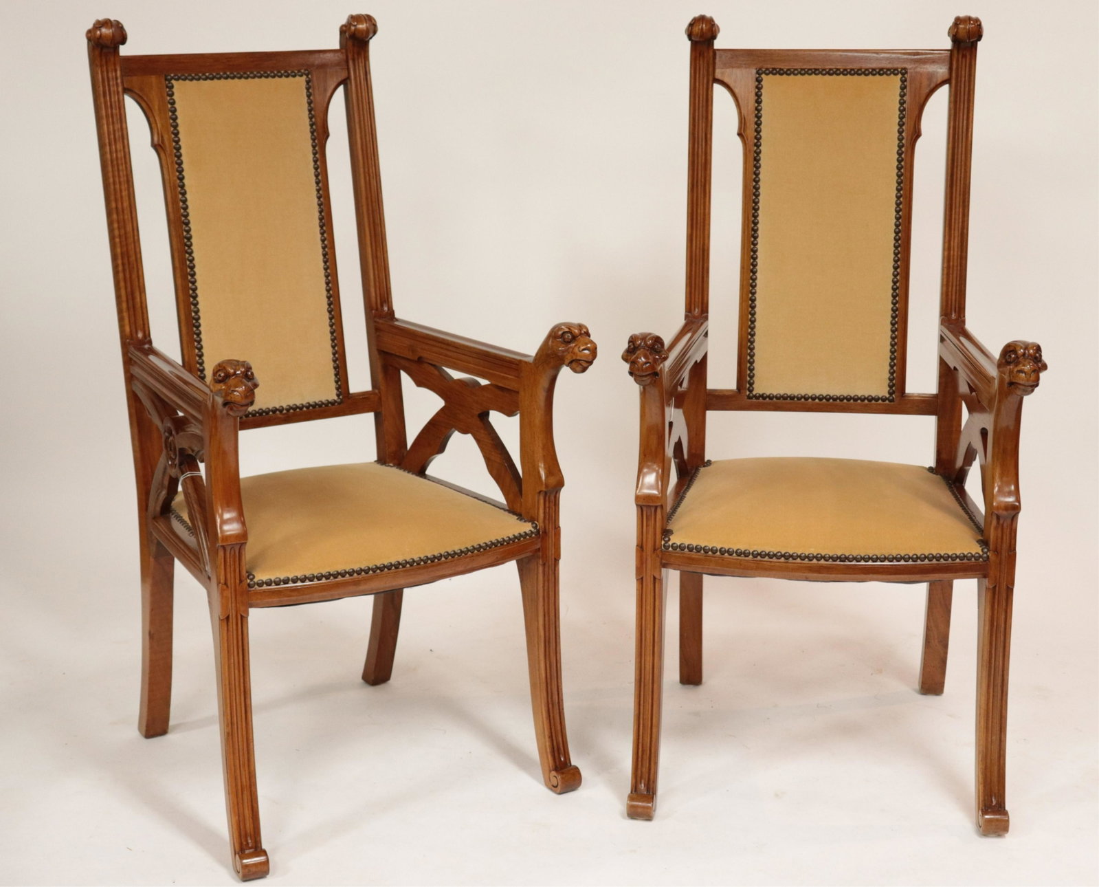 Pair of Gothic Revival Walnut Open Armchairs: (NMILF1171/2)(MS) Dimensions: 44.25 H x 22.75 W x 25.5 D