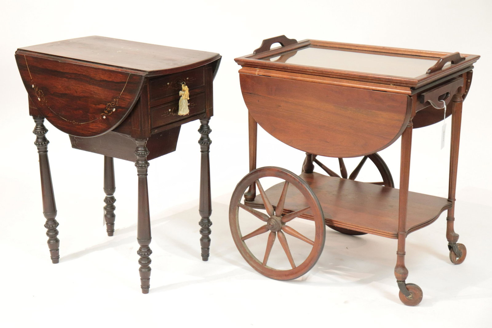 Victorian Rosewood Sewing Table & Walnut Trolley: (SARO590/2)(MS) Dimensions: Property from a private Amenia, NY home