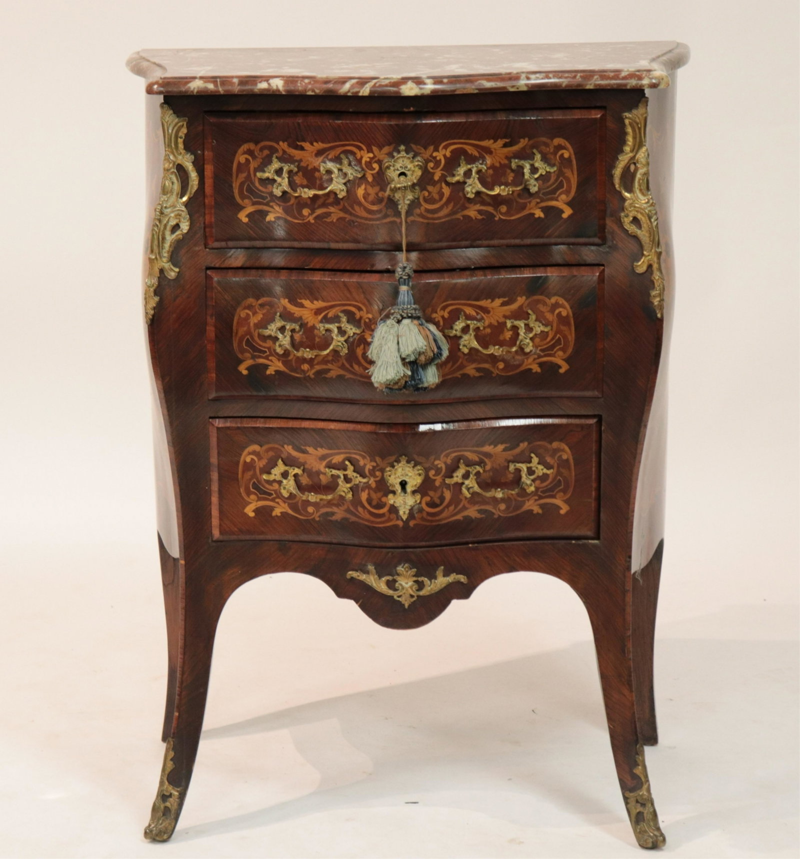 Louis XV Style Inlaid 3-Drawer Commode: Louis XV Style Inlaid 3-Drawer Commode, serpentine front, ormolu mounts and marble top (DORI276)(WT) Dimensions: 36 1/2" x 28" W