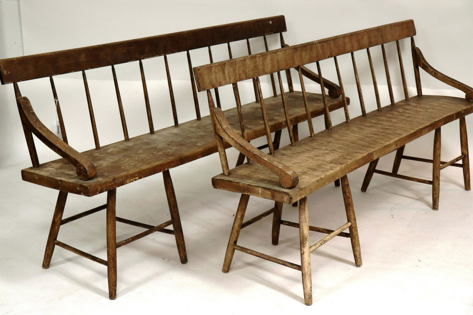 Pair Wooden Faux Grain Painted Deacons Settees: Pair of Wooden Faux Grain Painted Deacons Settees, underside signed "Gordon" and initialed "WGH" (SSWA2830/2)(MM) Dimensions: 32"H x 70"W x 18"D