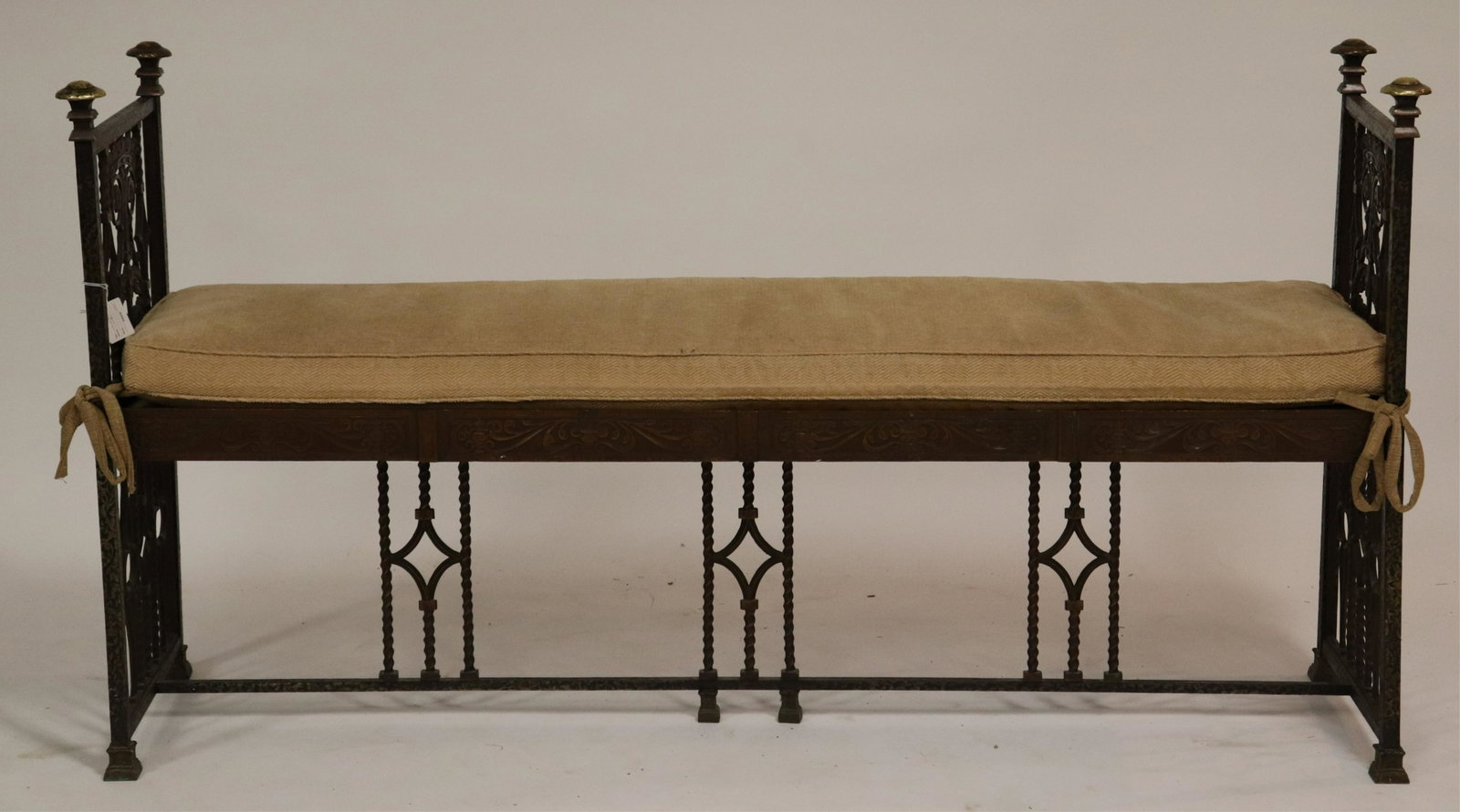 Renaissance Style Brass & Wrought Iron Bench: Renaissance Style Brass & Wrought Iron Window Bench, attributed to Oscar Bach (XWEA1135)(MS) Dimensions: 31.5 H x 59 W x 15 D