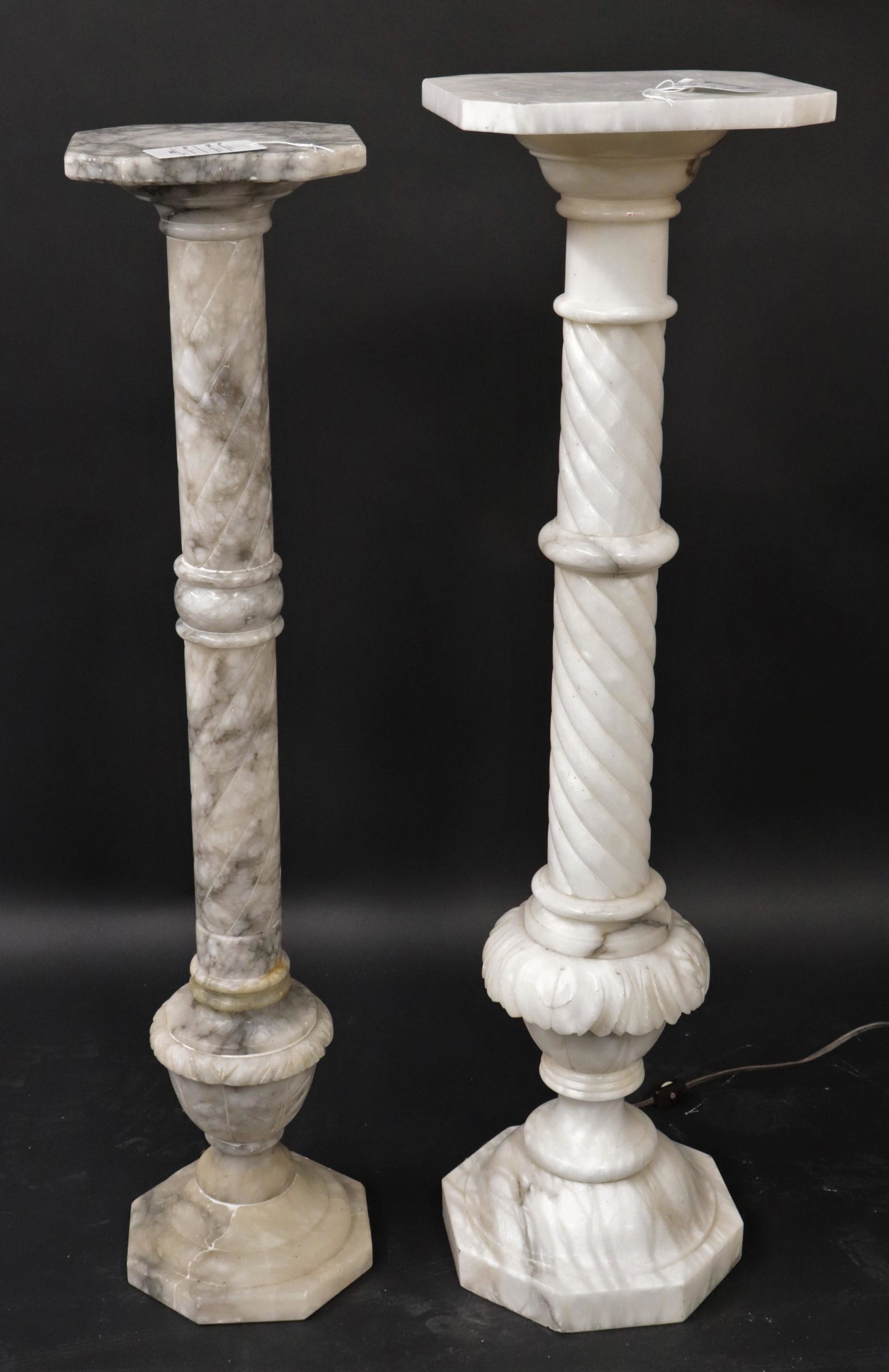 Two Grey & White Alabaster Pedestals: (SARO576/2)(MS) Dimensions: Largest is 37 H x 9.75 W x 10 D Property from a private Amenia, NY home