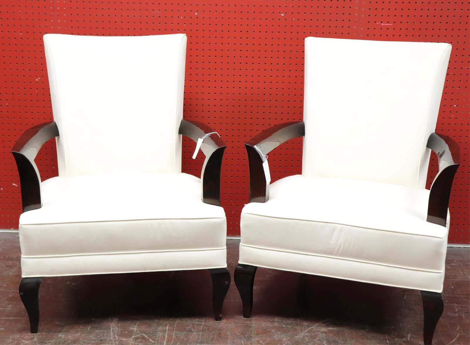 Pair Art Deco Stained Oak Fauteuils, circa 1935: Pair Art Deco Stained Oak Fauteuils, circa 1935, possibly by Jules Leleu, upholstered in white muslin (2 pc.) (NJWA280/2)(MS) Dimensions: 35 1/4" H x 16 1/2" W x 28" D Property from the Estate of an I