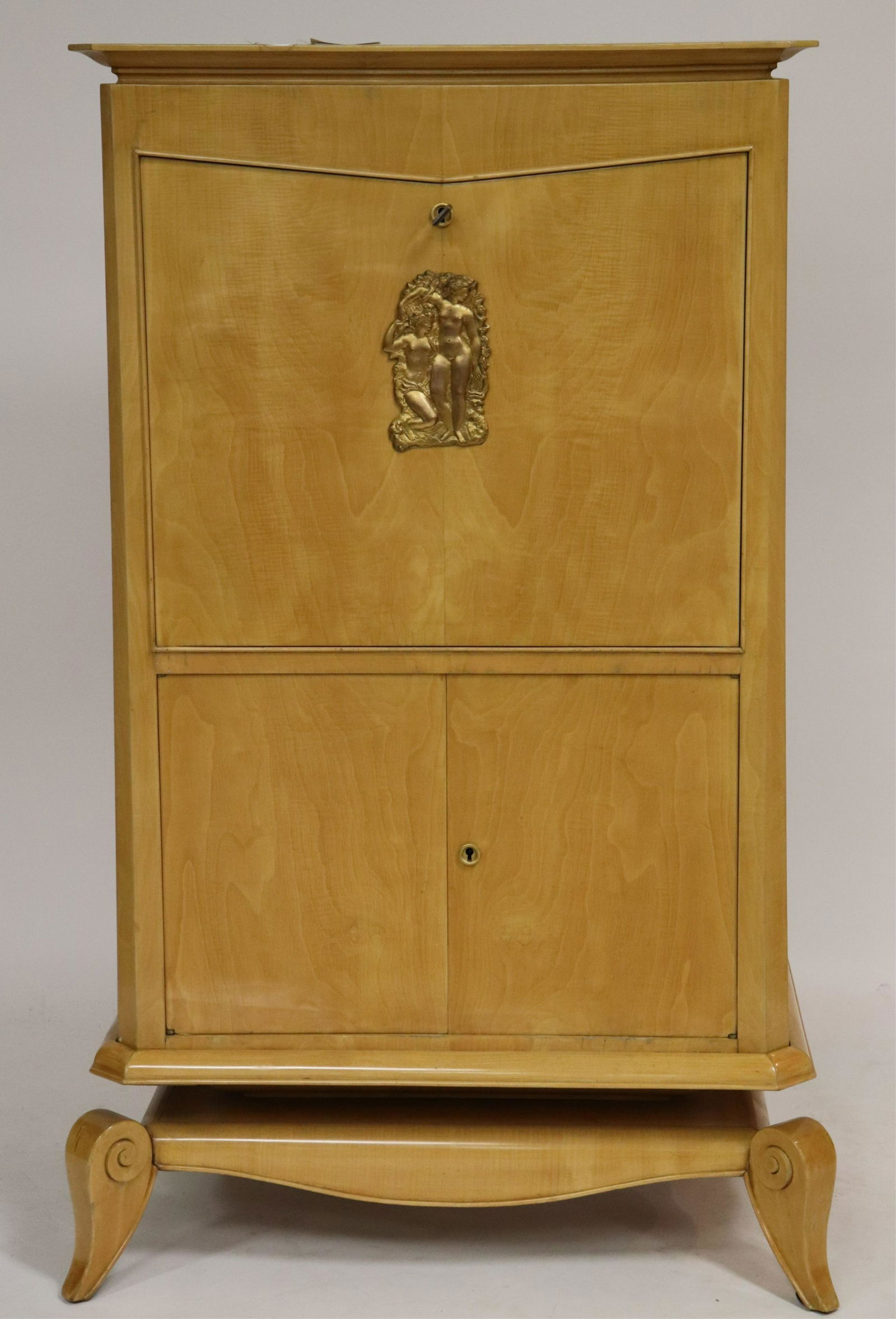 French 1940's Ormolu-Mounted Secretaire Ã Abattant: French 1940's Ormolu-Mounted Sycamore Secretaire Ã Abattant, attributed to Maurice Jallot (NJWA114)(MS) Dimensions: 54 1/2" H x 38 3/4" W x 18 3/4" D Property from the Estate of an Important New Yo