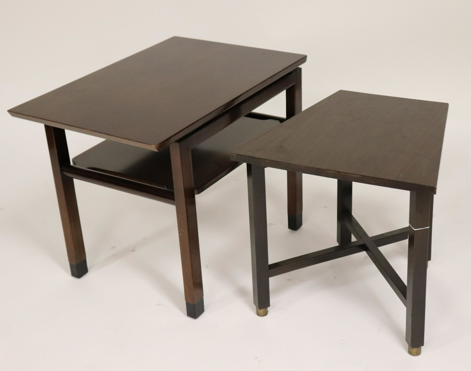 2 Edward Wormley for Dunbar Side Tables: 2 Edward Wormley for Dunbar Brass Mounted Mahogany Side Tables, circa 1960 (2 pc.) (NJWA124/2)(MS) Dimensions: The Larger 22 1/4" H x 19" W x 28" D Property from the Estate of an Important New York Mo