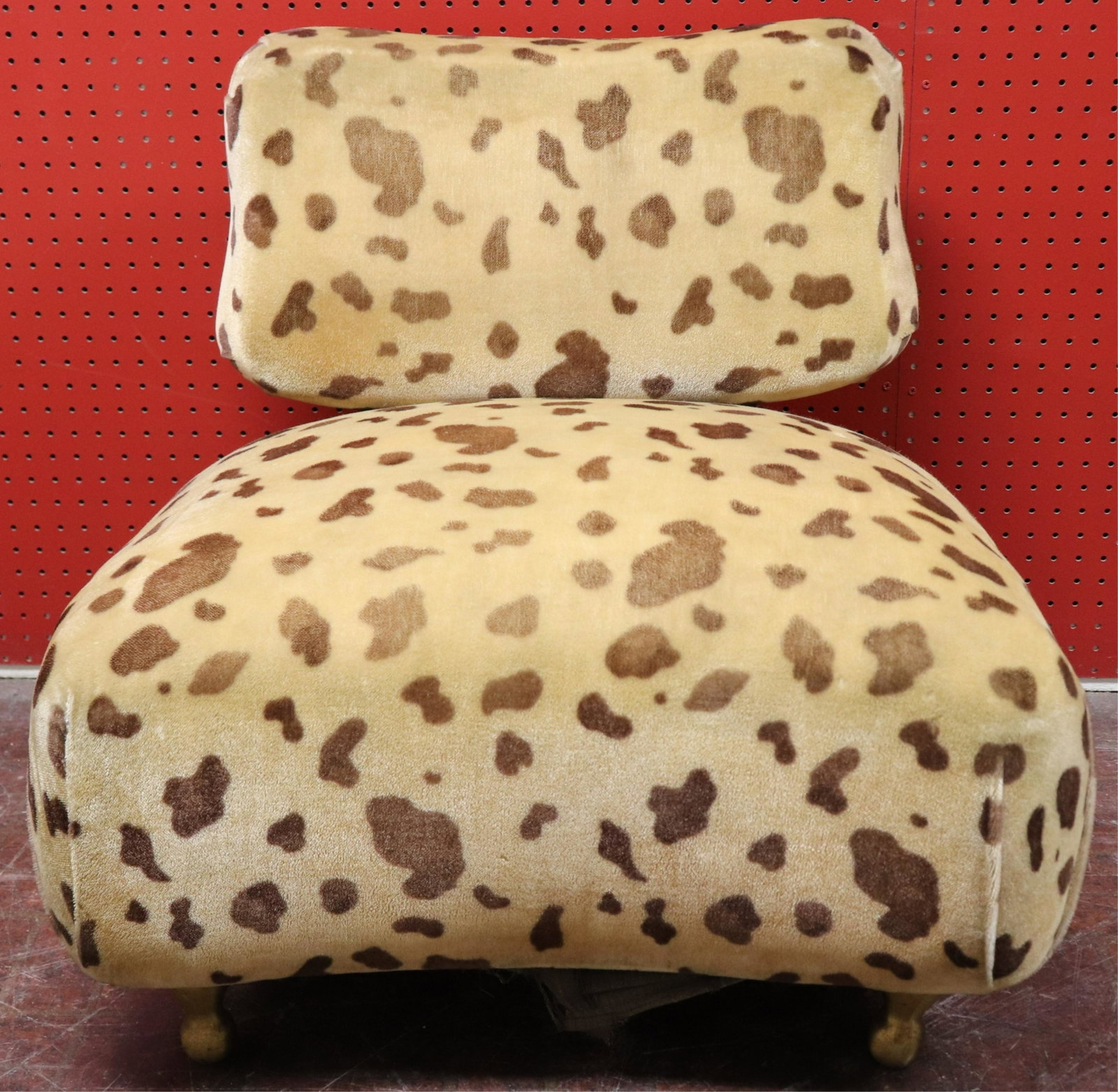 Midcentury Brass and Upholstered Slipper Chair: Midcentury Brass and Upholstered Slipper Chair, upholstered in faux leopard velour (NJWA307)(MS) Dimensions: 25" H x 29" W x 28" D Property from the Estate of an Important New York Modernism Dealer.