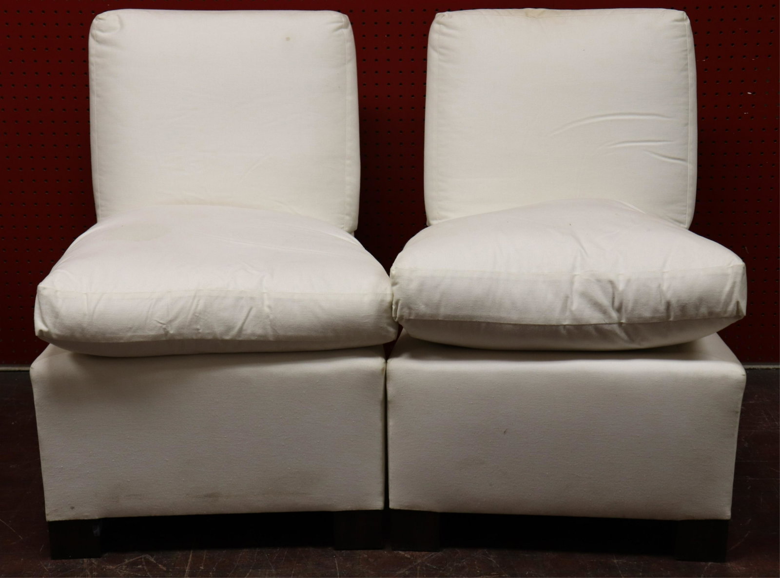 Pr Modern Stained Pine Upholstered Slipper Chairs: Pair Modern Stained Pine Upholstered Slipper Chairs, upholstered in white muslin (2 pc.) (NJWA308/2)(MS) Dimensions: 32 1/4" H x 22 3/4" W x 29" D Property from the Estate of an Important New York Mod