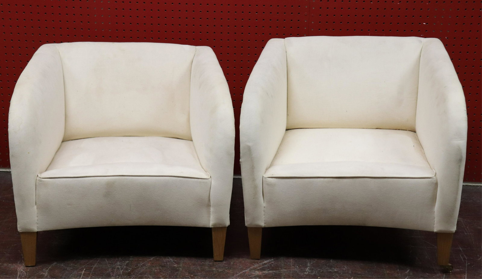 Edward Wormley for Dunbar Low Club Chairs: Edward Wormley for Dunbar Low Club Chairs, upholstered in muslin (NJWA305/3)(MS) Dimensions: 21 3/4" H x 25 1/2" W x 25" D Property from the Estate of an Important New York Modernism Dealer.