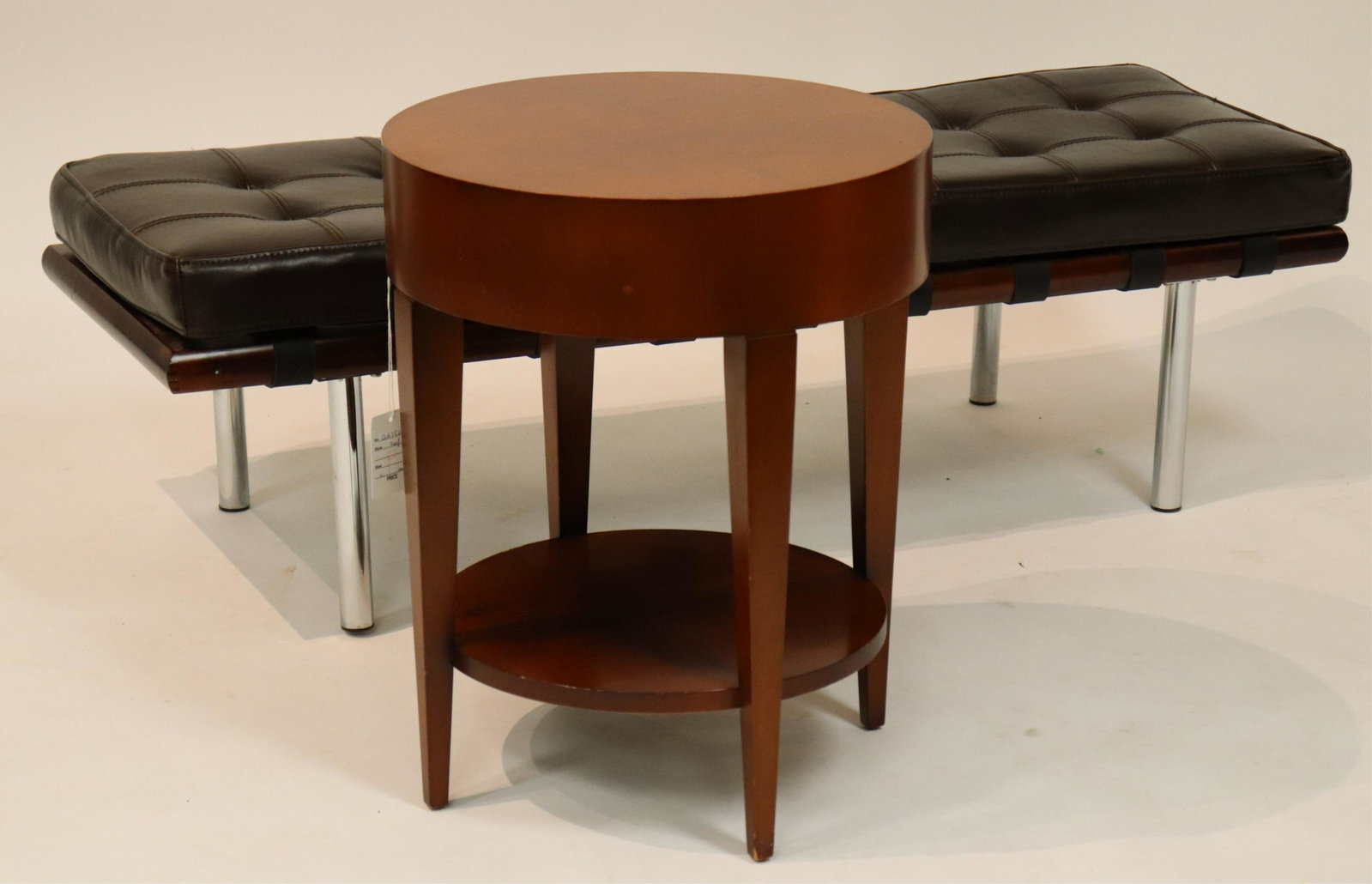 Chrome & Mahogany Bench and Side Table: (QRSIDE701/2)(MS) Dimensions: Bench 15.5 H x 50 W x 18.5 D