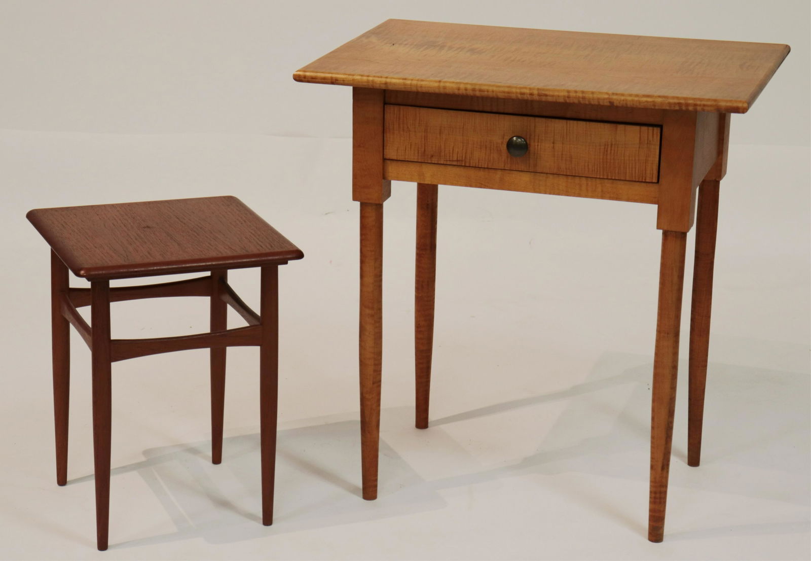 Tiger Maple & Danish Teak Modern Tables: Tiger Maple one drawer stand along with Danish Modern Teak occasional table (SJAM2937/2)(MM) Dimensions: One drawer table 27 1/2"H x 26"W x 18"D, small Danish table 17 1/2"H x 13 1/2"H