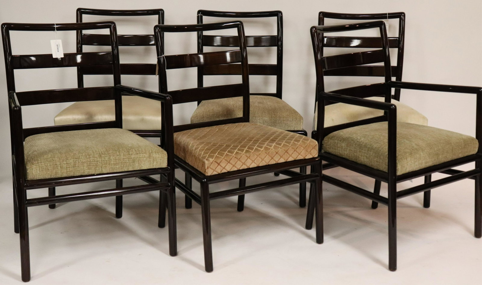 Set of 6 Midcentury Stained Cherry Dining Chairs: Set of 6 Midcentury Stained Cherry Dining Chairs, attributed to T.H. Robsjohn Gibbings, including 2 armchairs, variously upholstered (6 pc.) (NJWA274/6)(MS) Dimensions: Armchairs 33 3/4" H x 23" W x 2