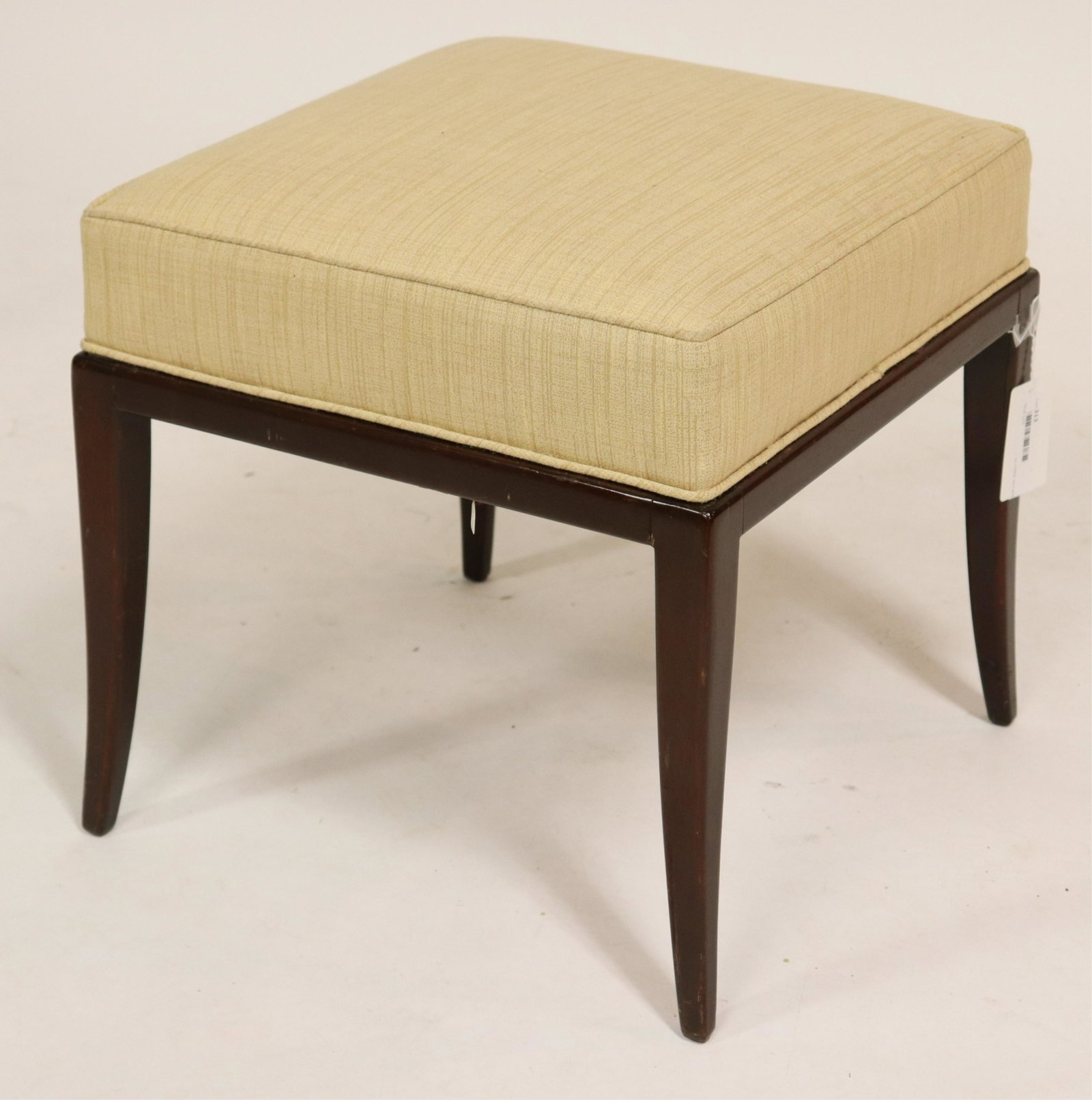 T.H. Robsjohn Gibbings for Widdicomb Bench: T.H. Robsjohn Gibbings for Widdicomb Mahogany Stained Bench, upholstered in cafÃ© au lait cotton (NJWA313)(MS) Dimensions: 16 3/4" H x 16" sq. Property from the Estate of an Important New York Moder