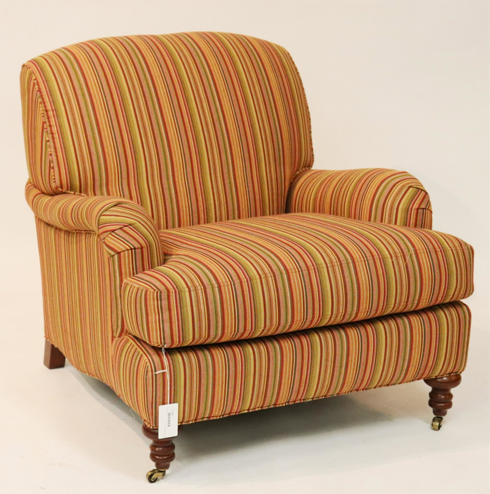 Crate and Barrel English Style Armchair: Crate and Barrel English Style Upholstered Armchair, foam and fiber cushion (SDAY2529)(MM) Dimensions: 33 " H x 33"W x 38"D