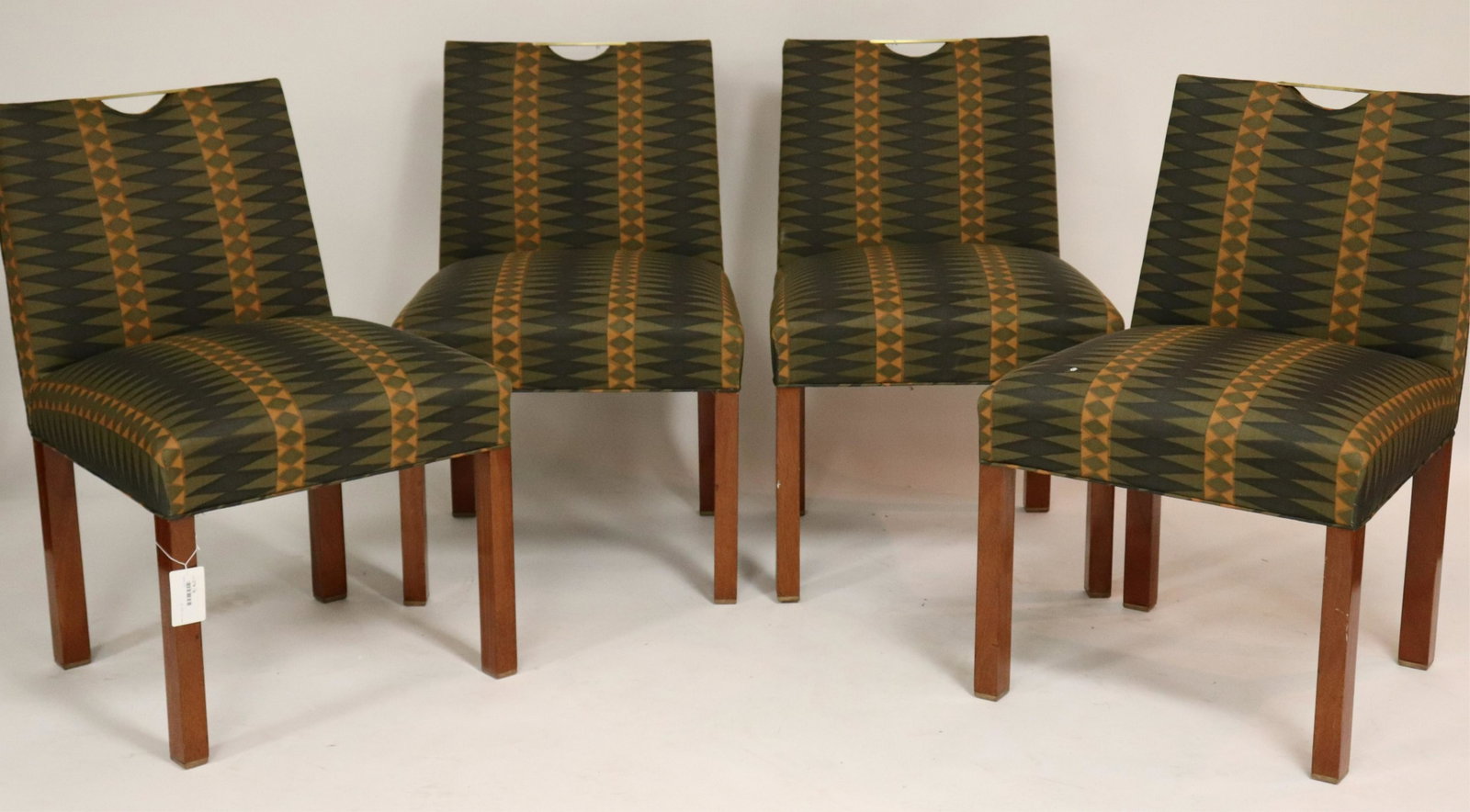 Set of 4 Edward Wormley for Dunbar Side Chairs: Set of 4 Edward Wormley for Dunbar Side Chairs, upholstered in green and black geometric print cotton (4 pc.) (NJWA278/4)(MS) Dimensions: 31" H x 20 1/2" W x 20 1/2" D Property from the Estate of an I