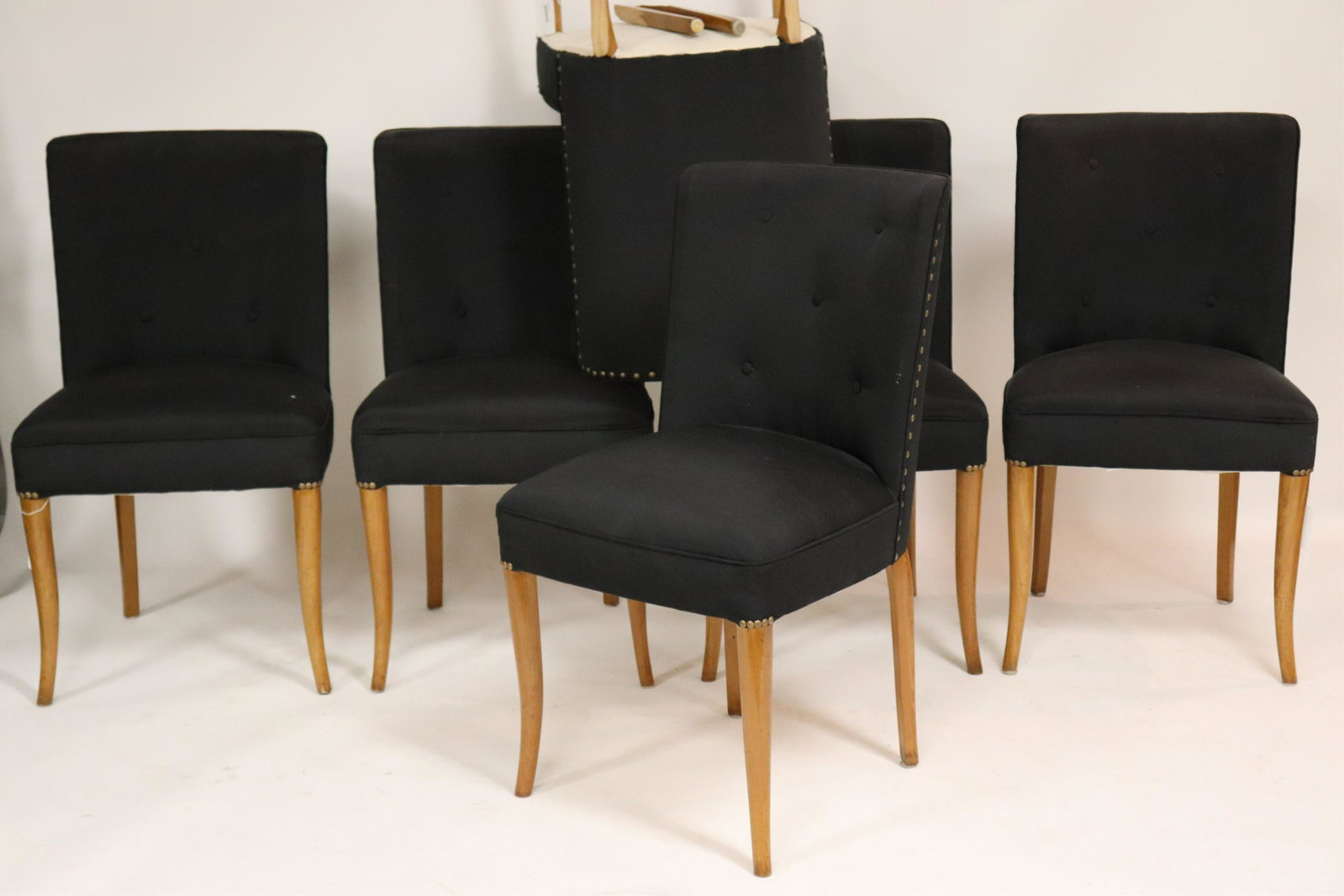 Set of 6 TH Robsjohn Gibbings for Widdicomb Chairs: Set of 6 TH Robsjohn Gibbings for Widdicomb Dining Chairs, upholstered in black cotton (6 pc.) (NJWA277/6)(MS) Dimensions: 35" H x 19 1/2" W x 22 1/2" D Property from the Estate of an Important New Yo