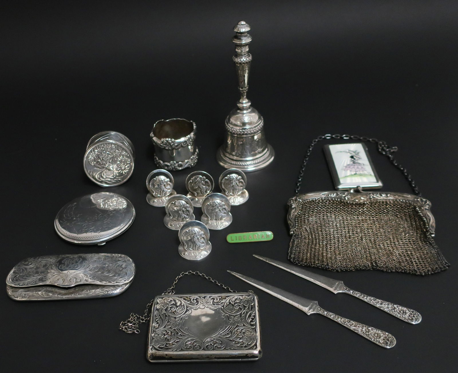 American, English & Continental Sterling Items: Group of American, English & Continental Sterling Silver Small Items, includes eye glass and card cases with monogram, compact, 6 place card holders, evening purse, etc. (16 pc.) (SPAR2445/16)(WT) Dim