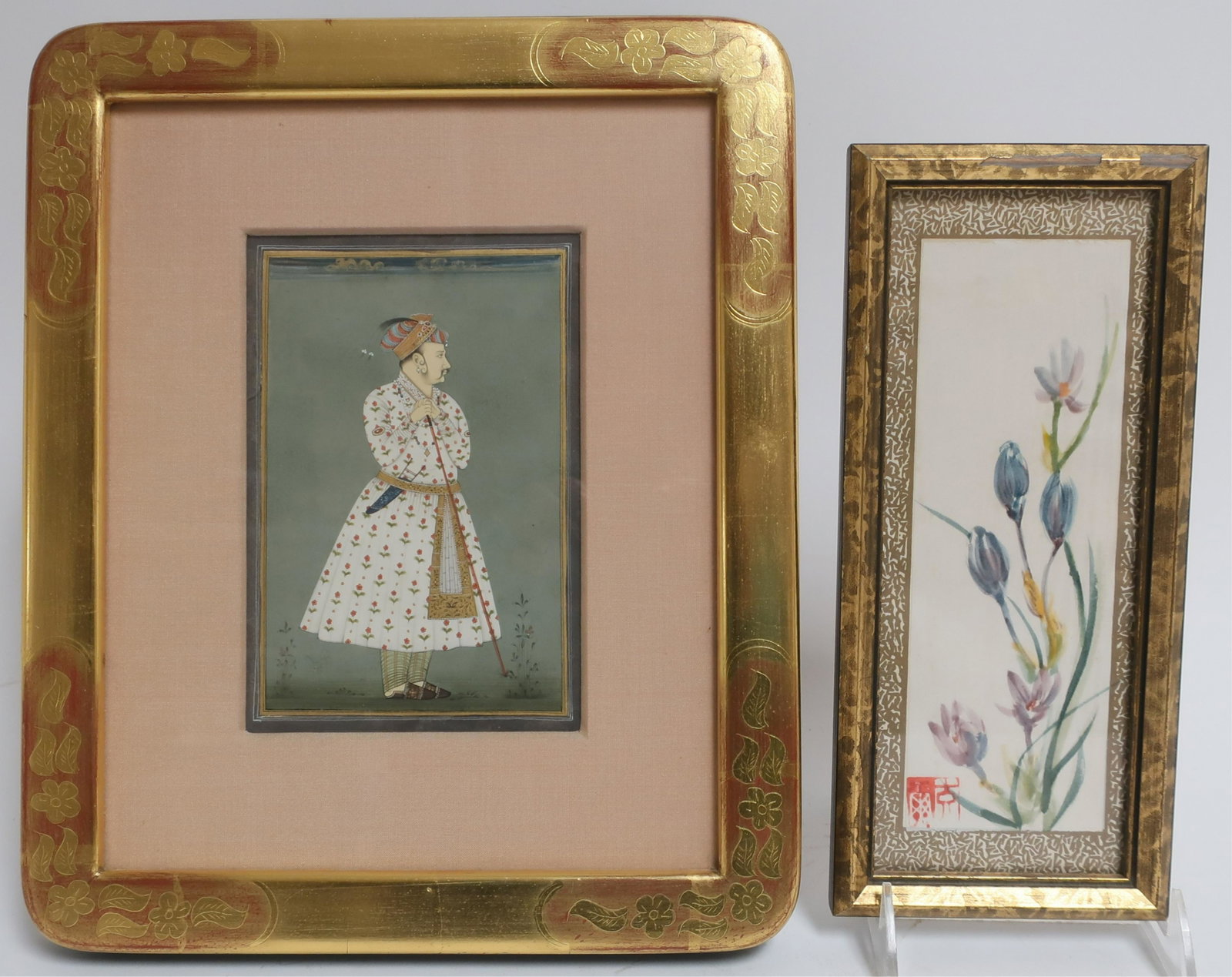 Indian Mughal Standing Figure & Asian Flowers W/Cs: Dimensions: Framed 12x10 and 10x4.25 (DDBR3007/2)(WT)