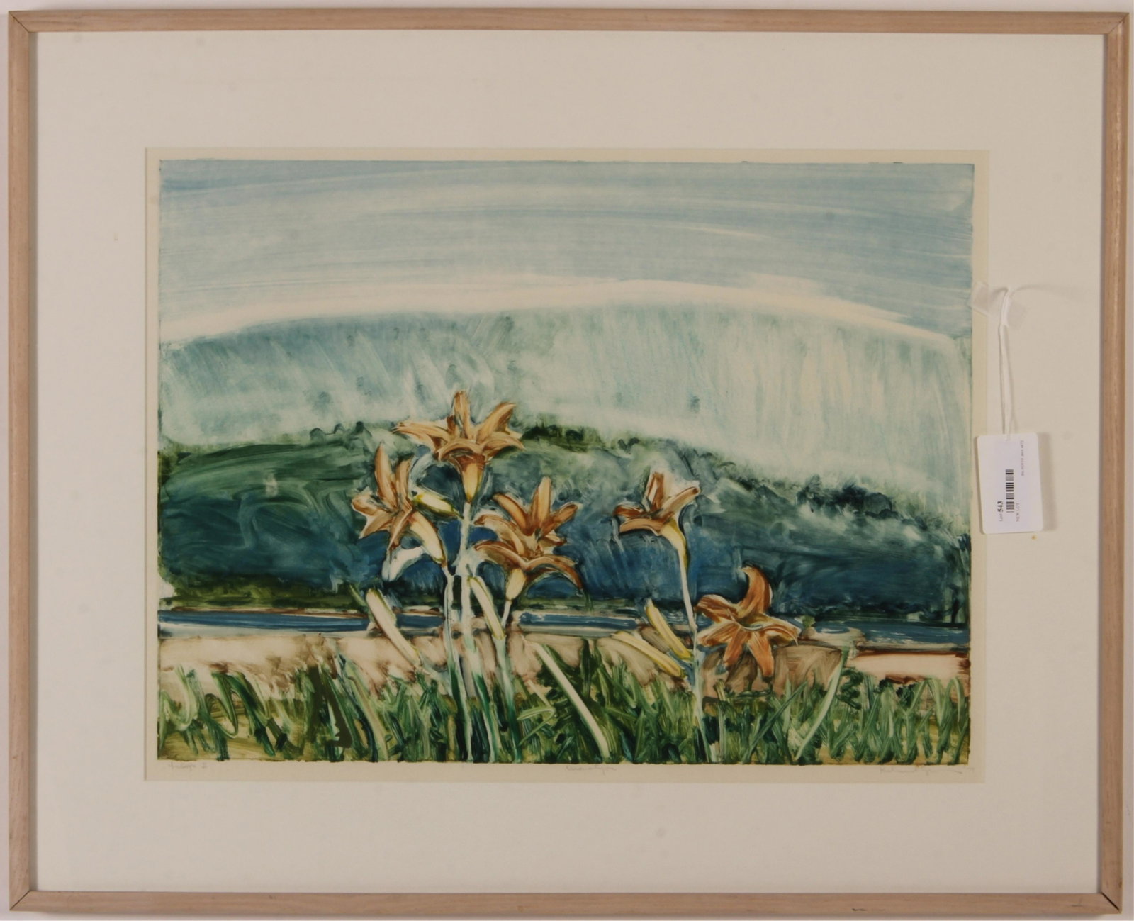 Richard Crozier, "Day Lillies" Monoprint: Richard Crozier (American B. 1944). "Day Lillies" Monoprint. Signed lower right. 1979. Numbered 1/1. Birch frame. Dimensions: 17.5 x 23.5 Framed: 26.6 x 32.75 (MTHM543)(EL)