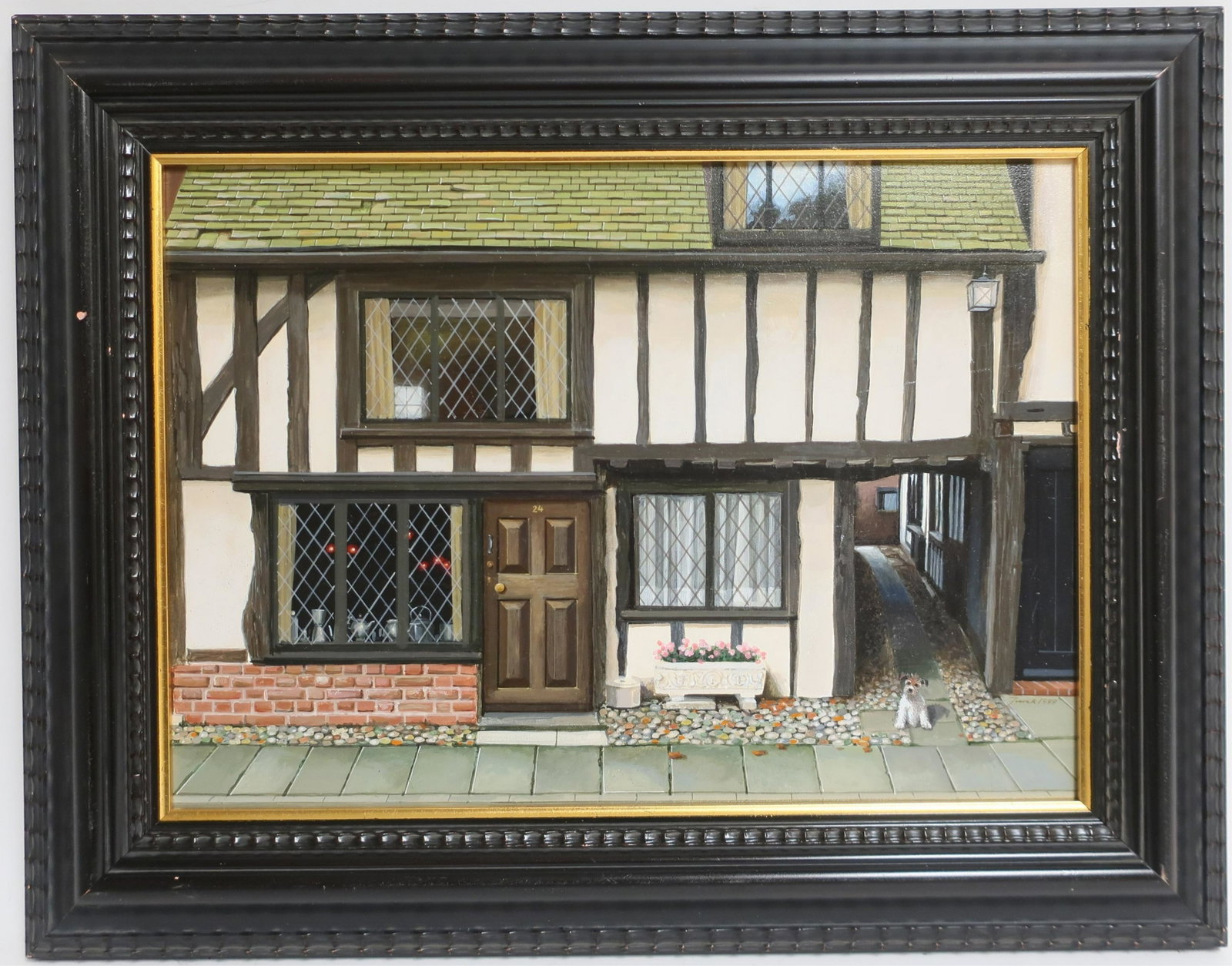Jurek Jablonski - Medieval Town: Jurek Jablonski (Polish, b. 1943). Acrylic on board painting of houses in 15th century England. Signed lower left, dated 1999. Signed and titled verso lable. Dimensions: Framed 14 x 18 (HEAR95)(EL)