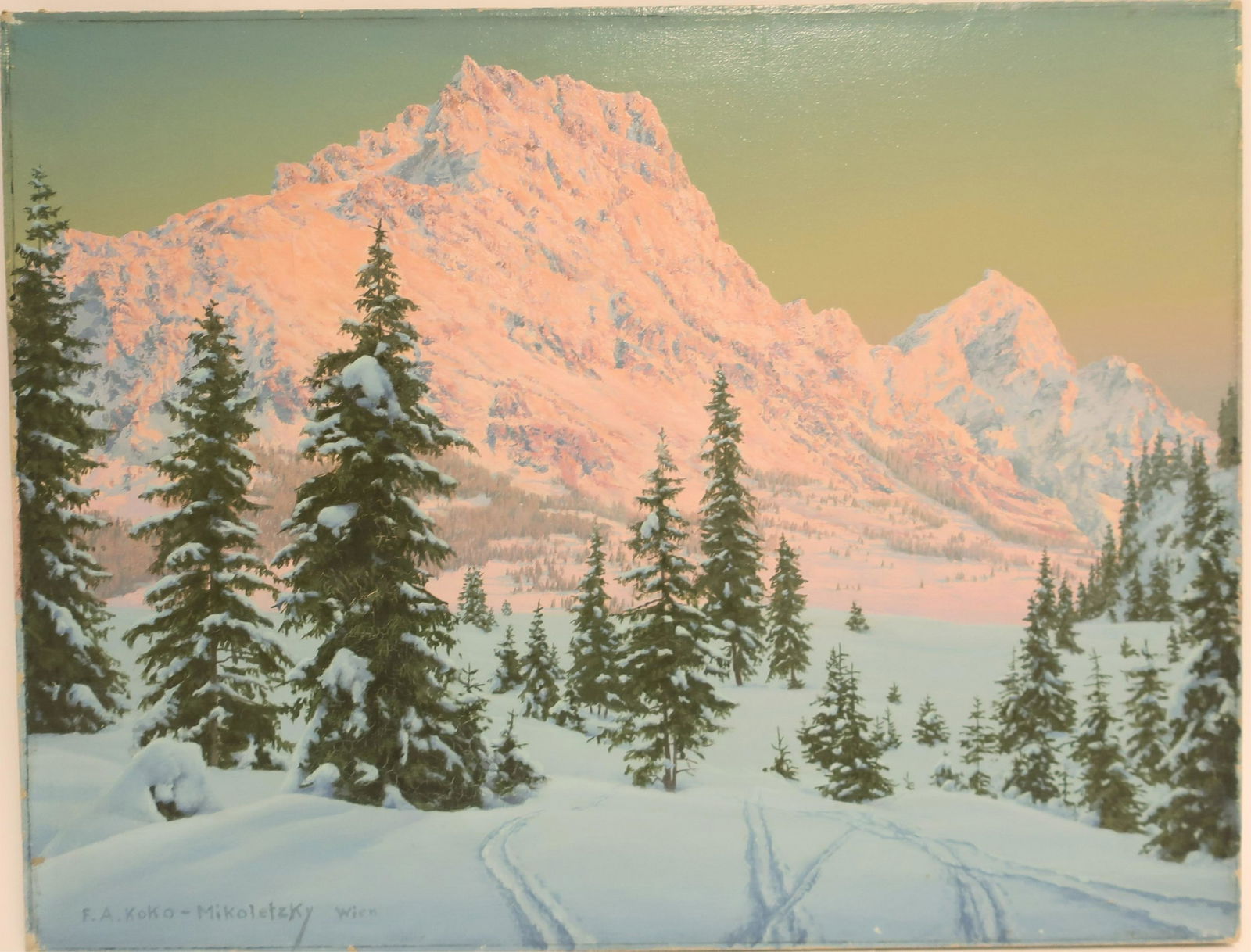 Freidrich Albin Koko Mikoletzky - Winter Landscape: Freidrich Albin Koko Mikoletzky (Austrian, 1887-1981), Dolomiten bei Cortina D'Ampezzo, oil on canvas. Signed lower left. Dimensions: 20 x 26, unframed (HEAR112)(EL)