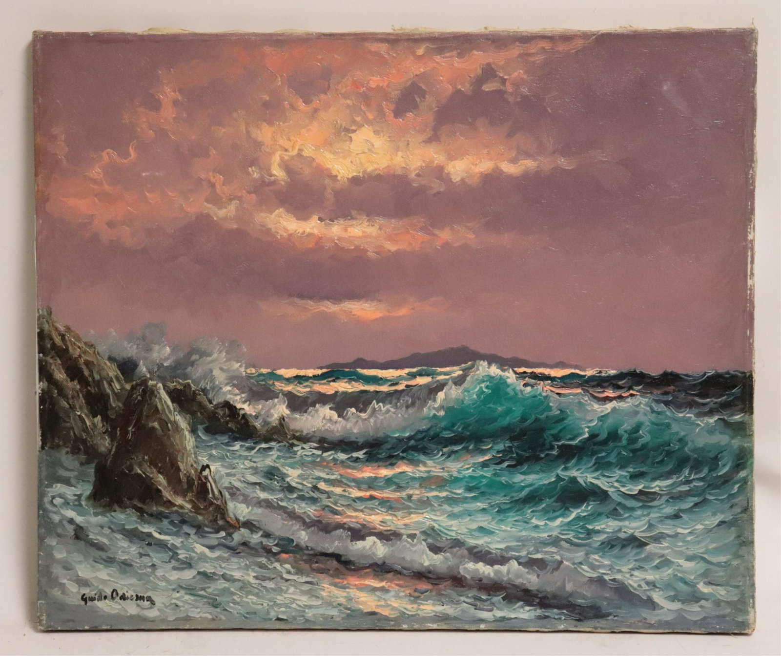 Guido Odierna - Sunset Seascape: Guido Odierna (Italy, 1913 - 1991). Oil on canvas of sea at dusk. Signed lower left. Dimensions: ~20 x 19, unframed (HEAR120)(EL)