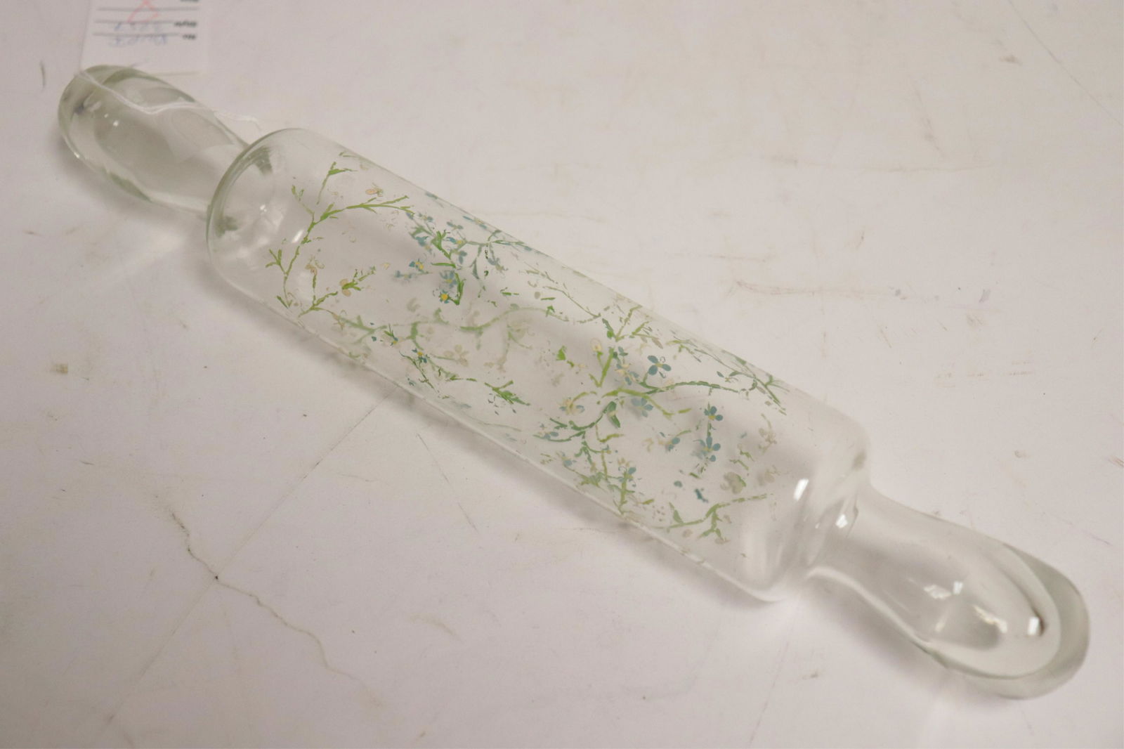 Glass Rolling Pin: Glass Rolling Pin with enamel flowers Dimensions: 14 1/2" L (DORI3257)(WT)