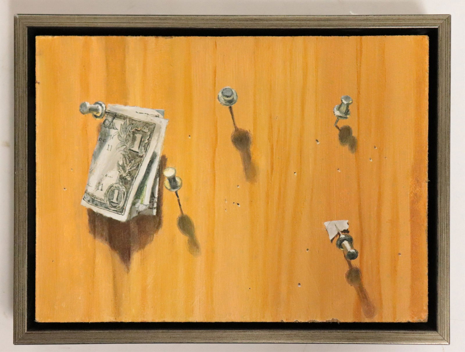 Trompe L'Oeil, "Dollar Bill", oil/gouache: Trompe L'Oeil, "Dollar Bill", oil/gouache on board Dimensions: Frame 8 1/4" x 10 3/4" (SORO3288)(WT)