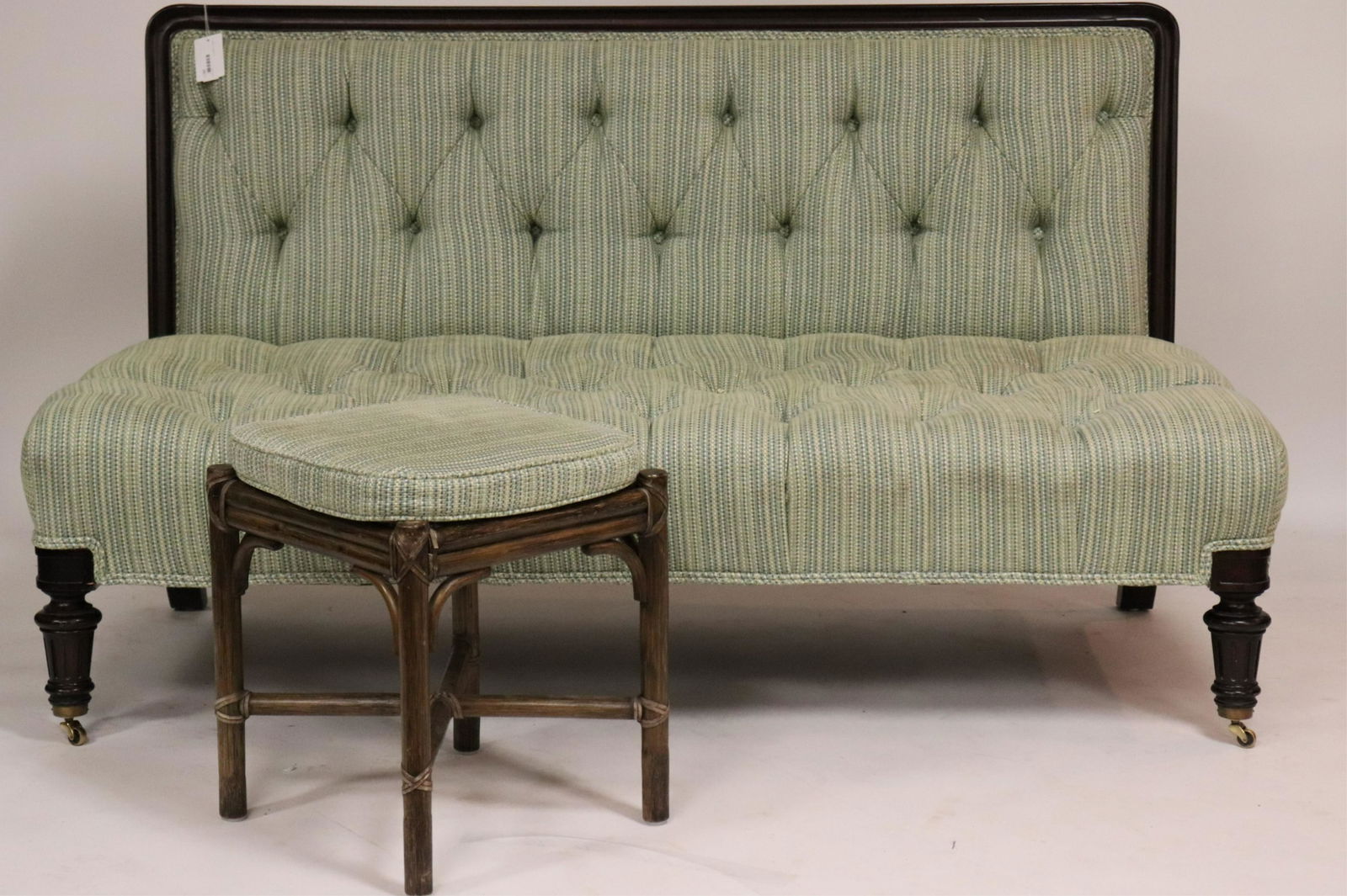 Victorian Wood Upholstered Settee & Rattan Stool (1 of 4)