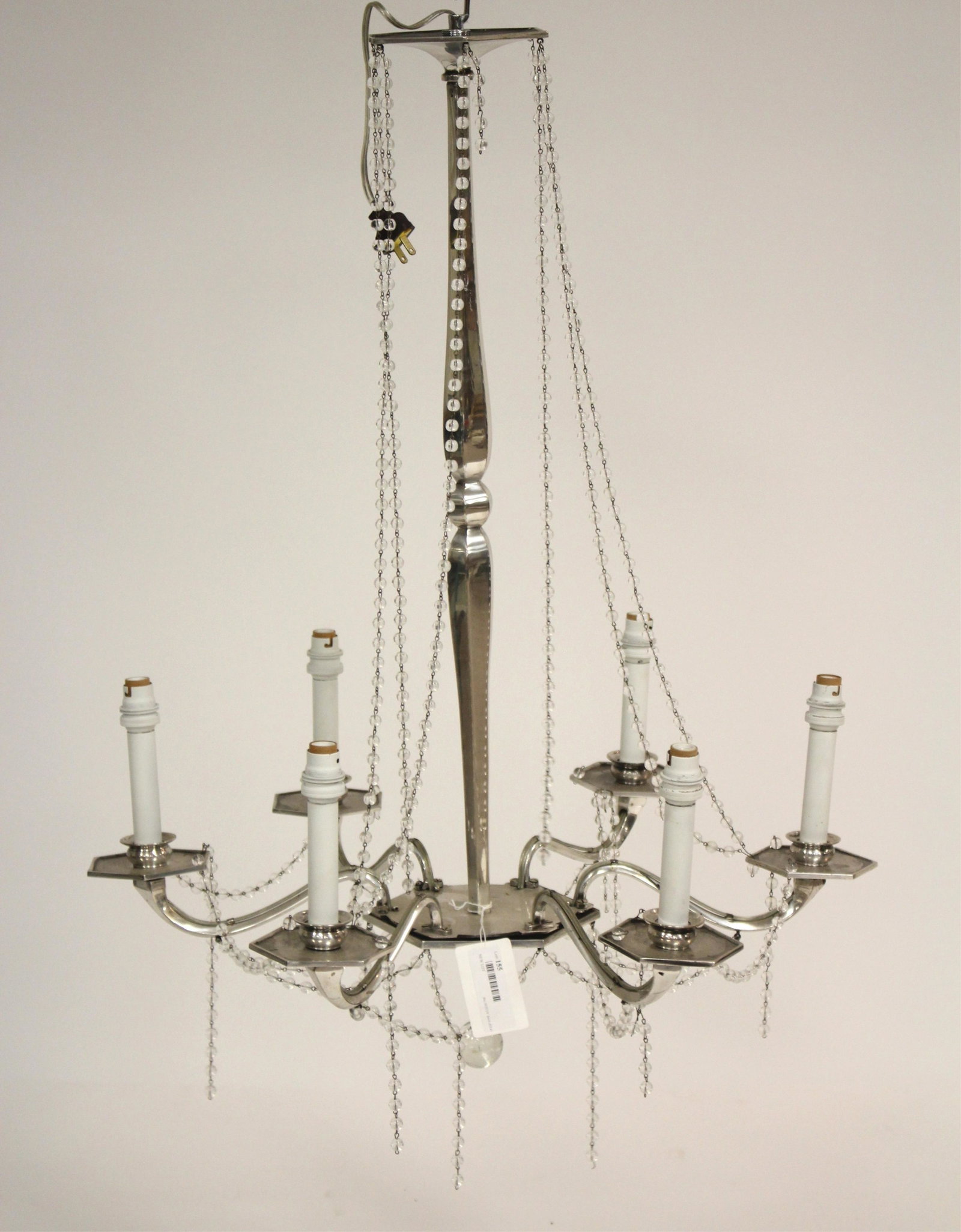 Mid Century Metal & Beaded Glass Chandelier: Mid Century Polished Metal & Beaded Glass 6-Light Chandelier NOTE: This lot is being re-offered due to nonpaying bidder Tim Housman of Palm Springs, CA. (NJWA155)(MS) Dimensions: 28 1/2" H x 25 1/2" D